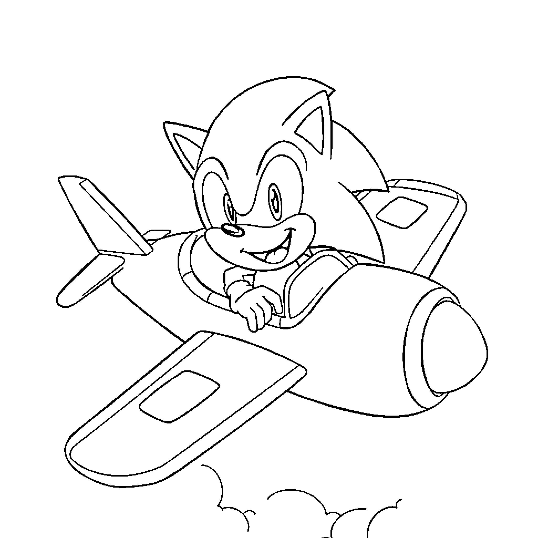 Sonic the Hedgehog racing in an airplane Coloring Page (free black-and-white line drawing printable PDF for all, from beginners to advanced learners, including children, teens, adults, and seniors)