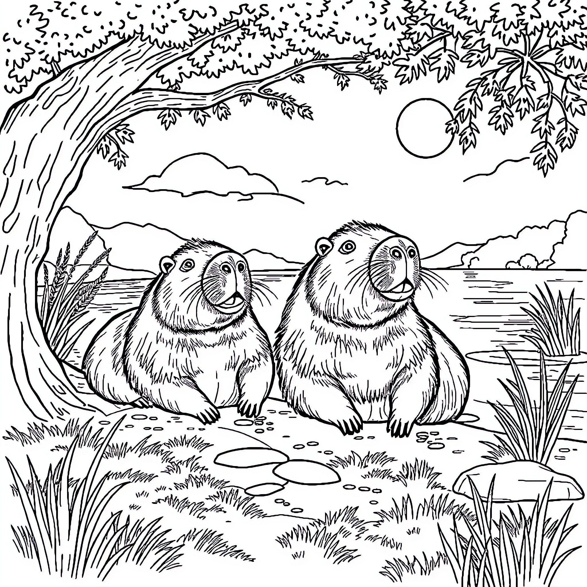 Capybara enjoying peaceful moment in the wilderness Coloring Page (free black-and-white line drawing printable PDF for all, from beginners to advanced learners, including children, teens, adults, and seniors)