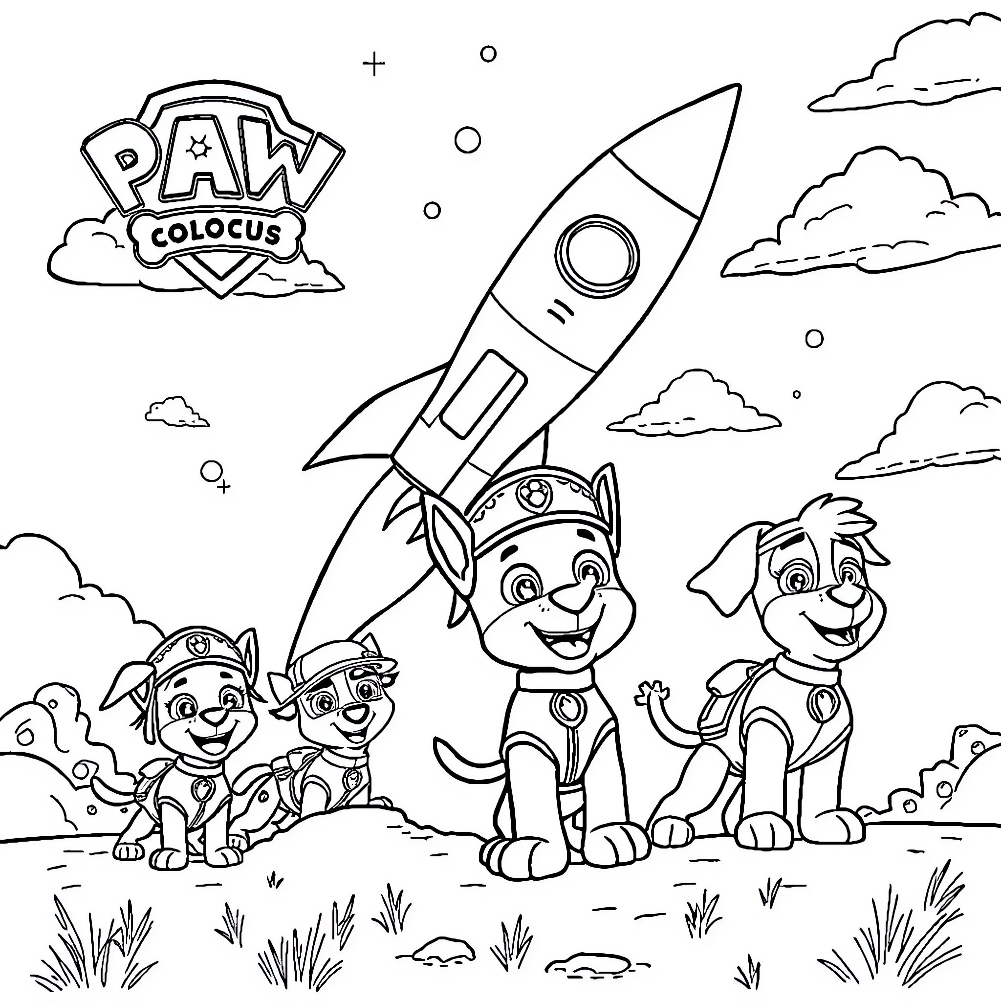 Paw Patrol Pups on Space Adventure Coloring Page (free black-and-white line drawing printable PDF for all, from beginners to advanced learners, including children, teens, adults, and seniors)