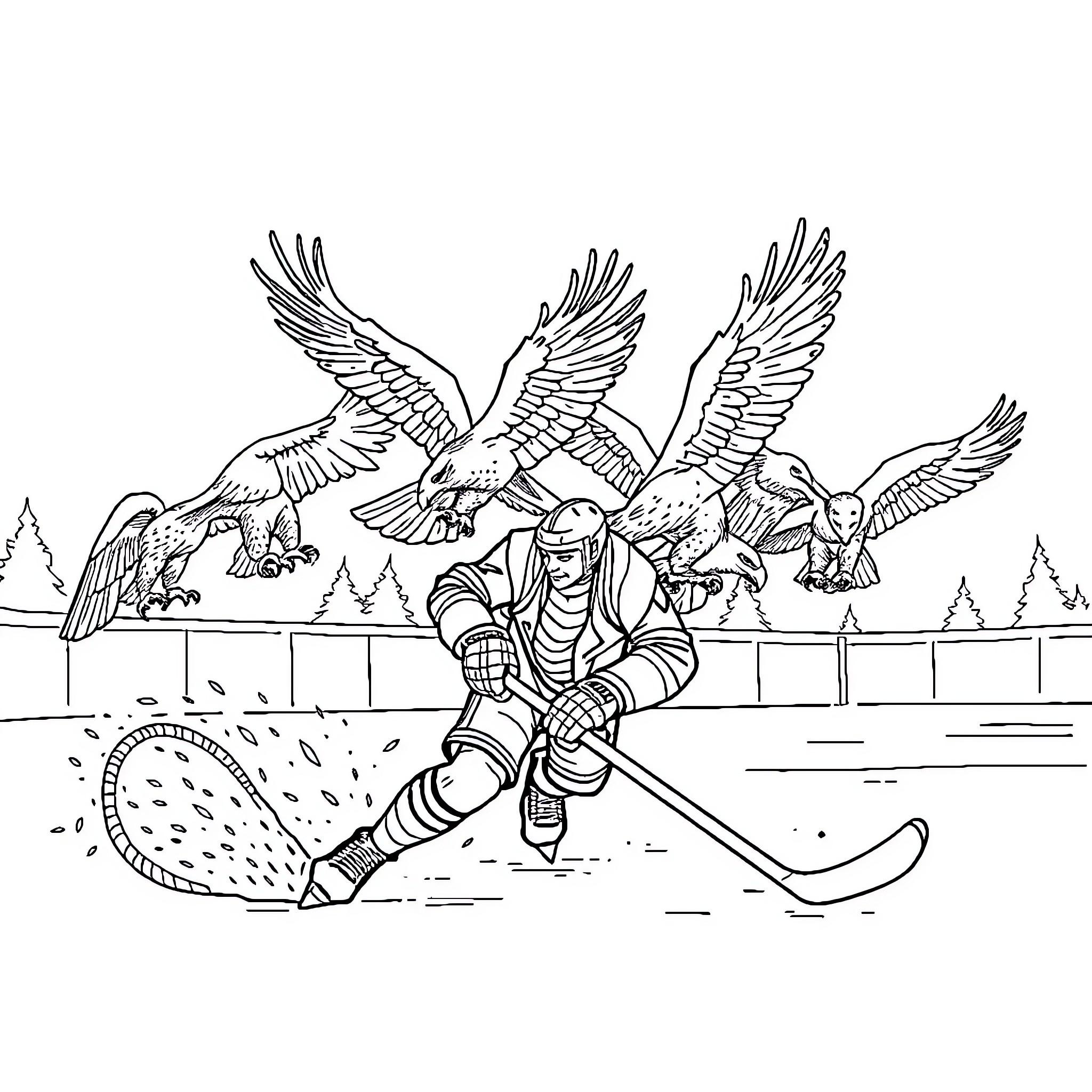 Cobra Warrior Battling Fierce Eagles on Ice Coloring Page (free black-and-white line drawing printable PDF for all, from beginners to advanced learners, including children, teens, adults, and seniors)