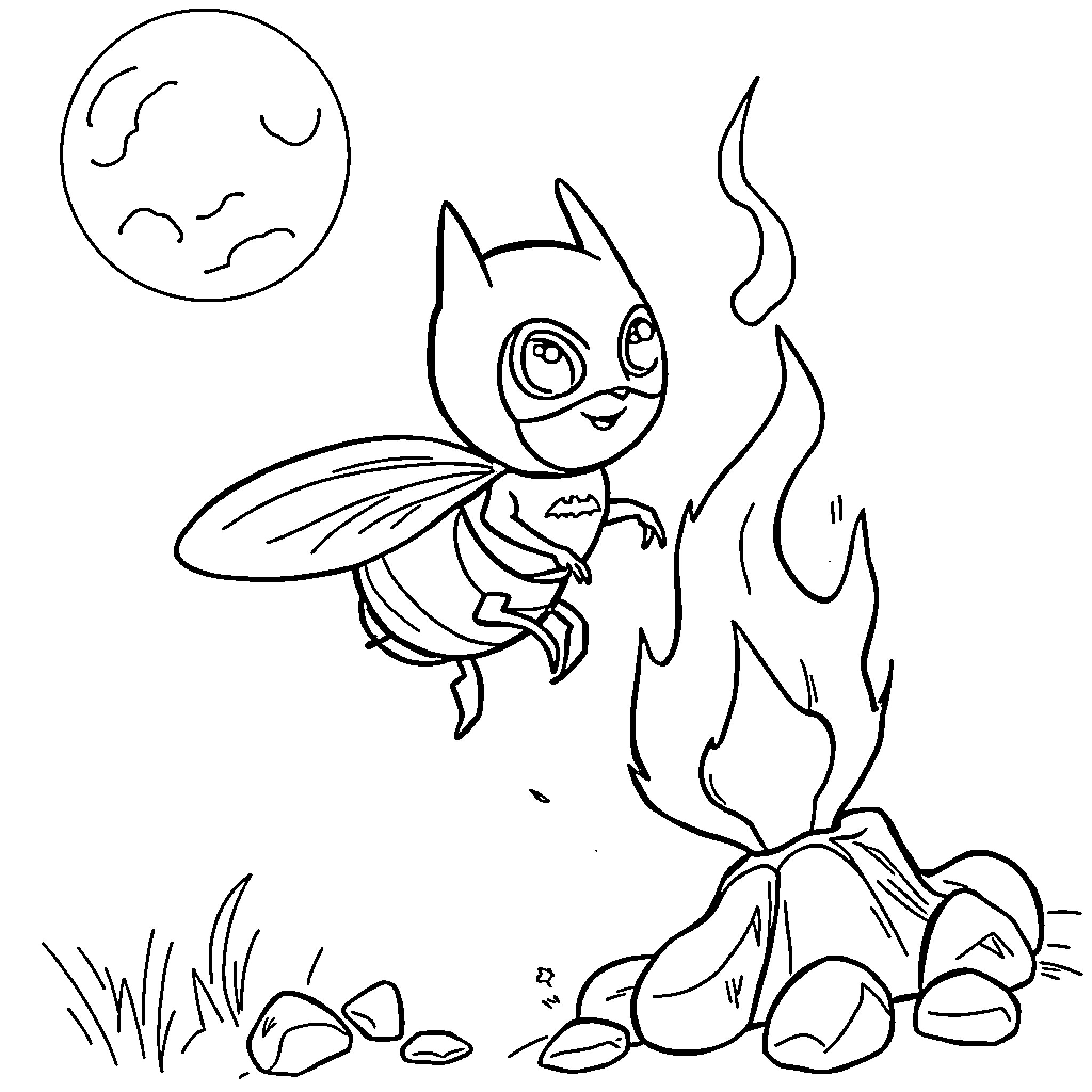 Bee flying near campfire Coloring Page (free black-and-white line drawing printable PDF for all, from beginners to advanced learners, including children, teens, adults, and seniors)
