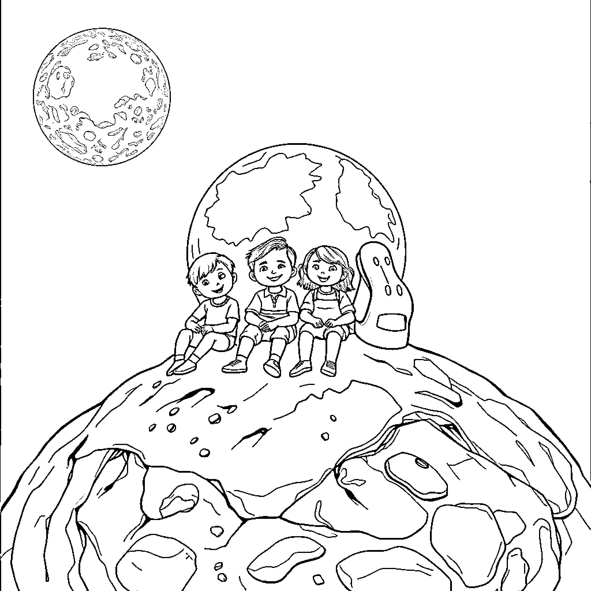 Family Adventure on Rugged Planet Coloring Page (free black-and-white line drawing printable PDF for all, from beginners to advanced learners, including children, teens, adults, and seniors)