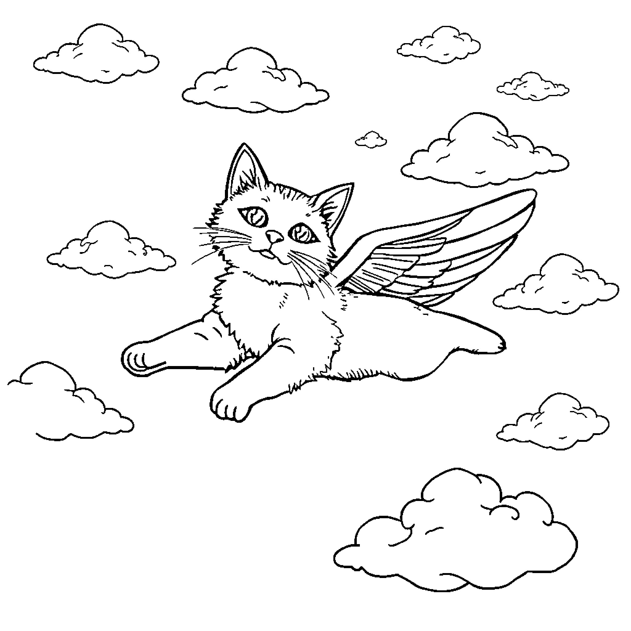 Cat flying among the clouds Coloring Page (free black-and-white line drawing printable PDF for all, from beginners to advanced learners, including children, teens, adults, and seniors)