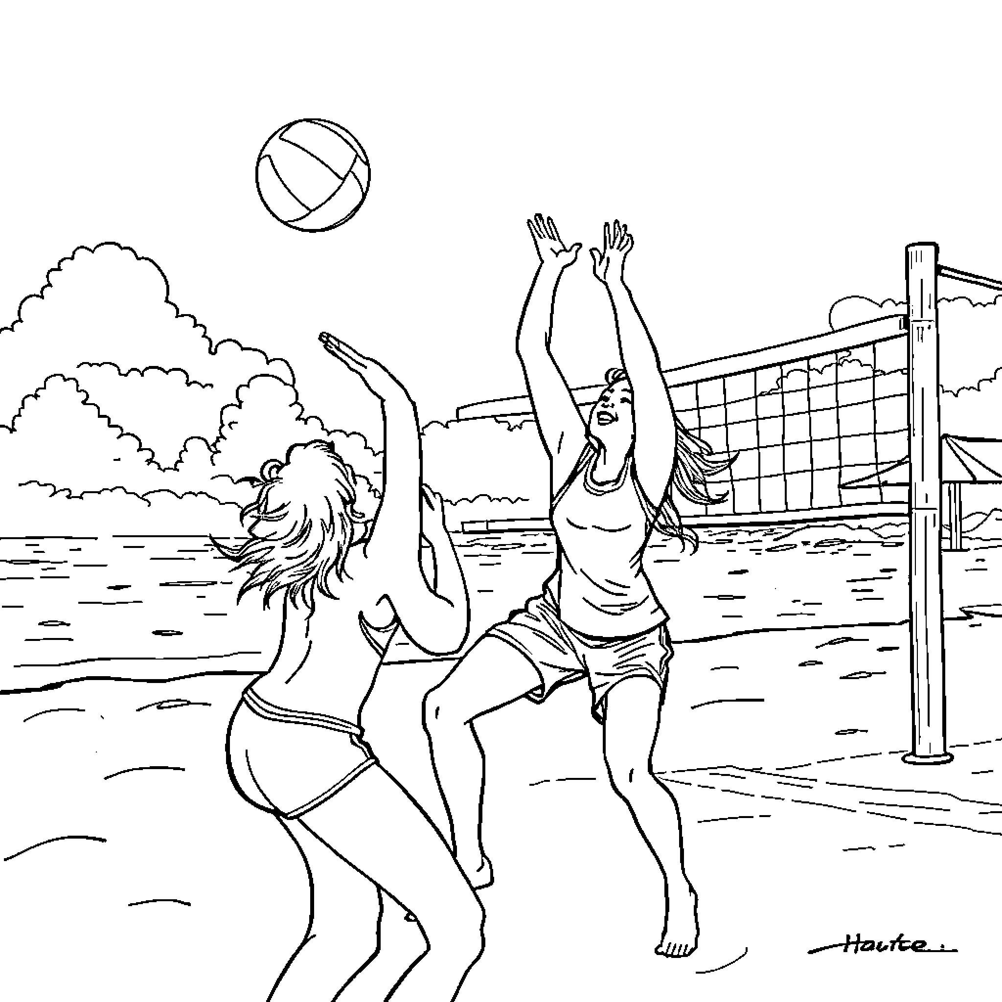Ouistempo - Women playing beach volleyball Coloring Page (free black-and-white line drawing printable PDF for all, from beginners to advanced learners, including children, teens, adults, and seniors)