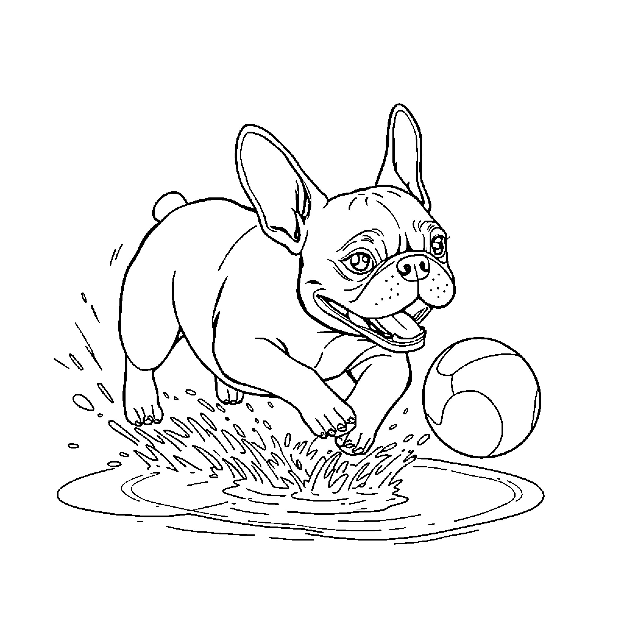 French Bulldog playing joyfully in a puddle Coloring Page (free black-and-white line drawing printable PDF for all, from beginners to advanced learners, including children, teens, adults, and seniors)
