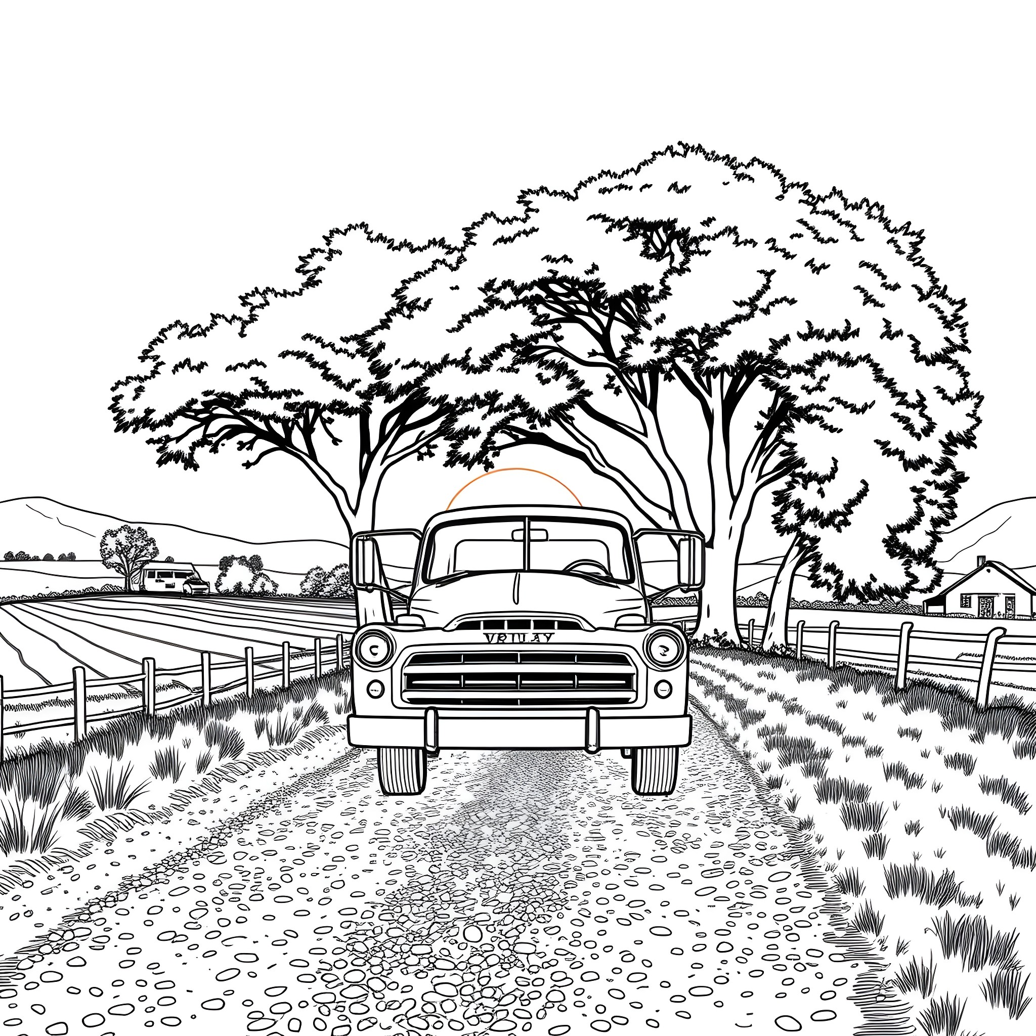 Truck on a rural road surrounded by trees Coloring Page (free black-and-white line drawing printable PDF for all, from beginners to advanced learners, including children, teens, adults, and seniors)
