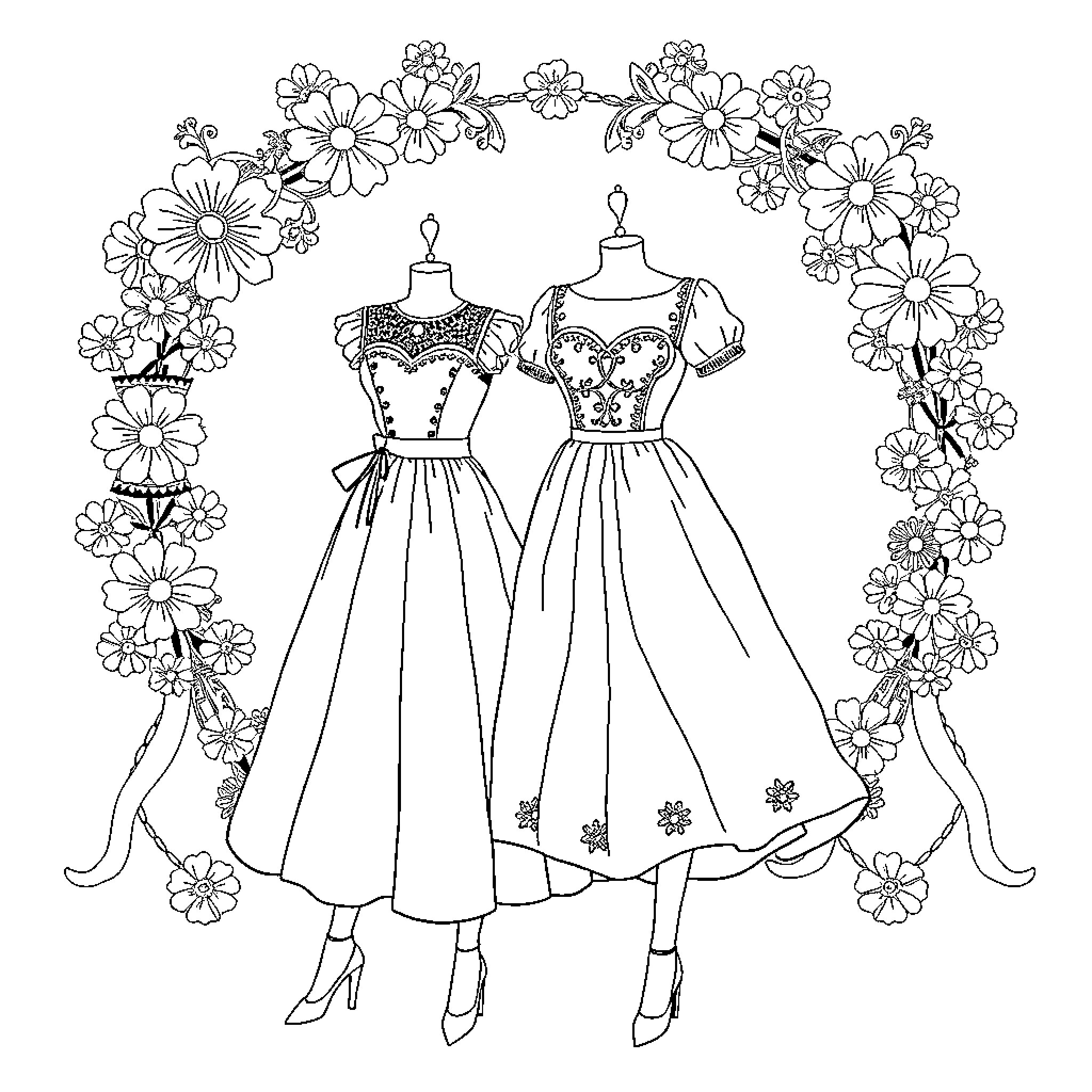 Princess Dresses Adorned with Floral Patterns Coloring Page (free black-and-white line drawing printable PDF for all, from beginners to advanced learners, including children, teens, adults, and seniors)