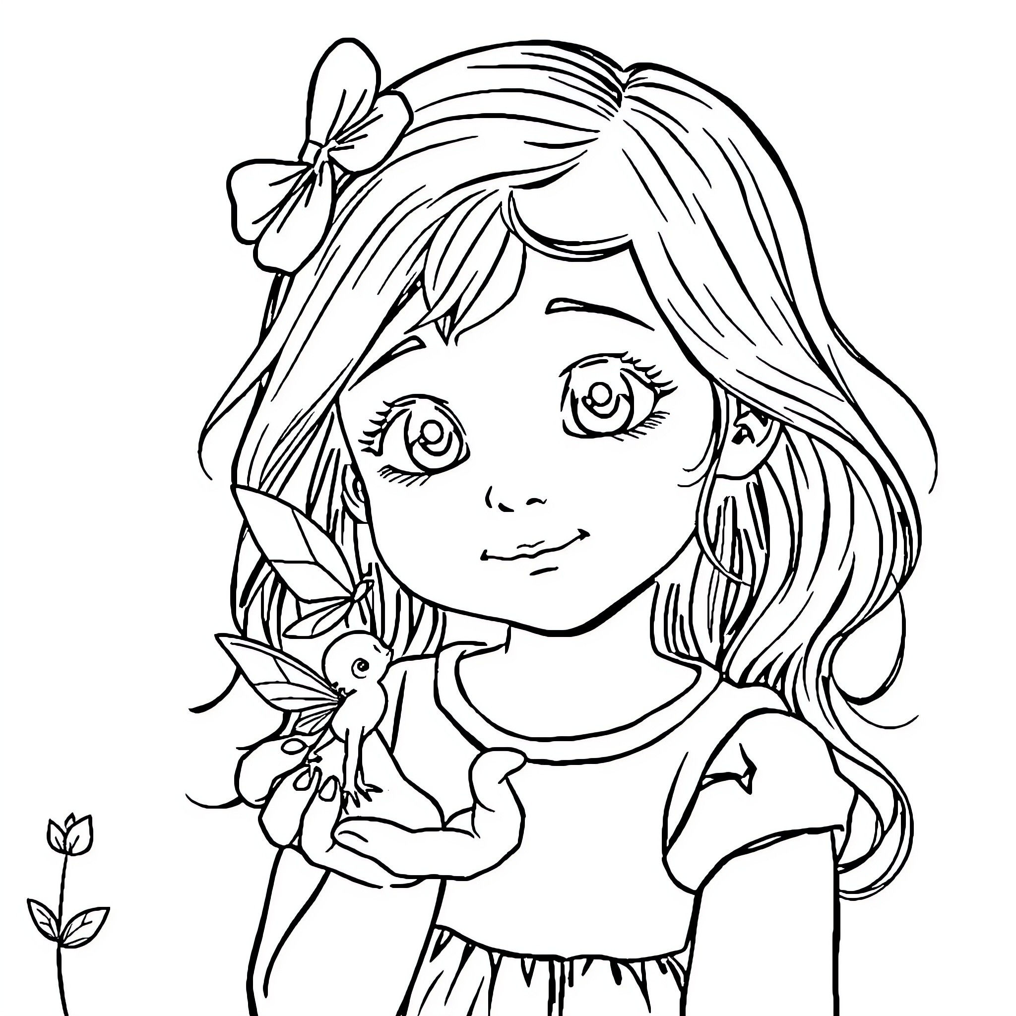 Girl holding a small bird with a bow in her hair Coloring Page (free black-and-white line drawing printable PDF for all, from beginners to advanced learners, including children, teens, adults, and seniors)