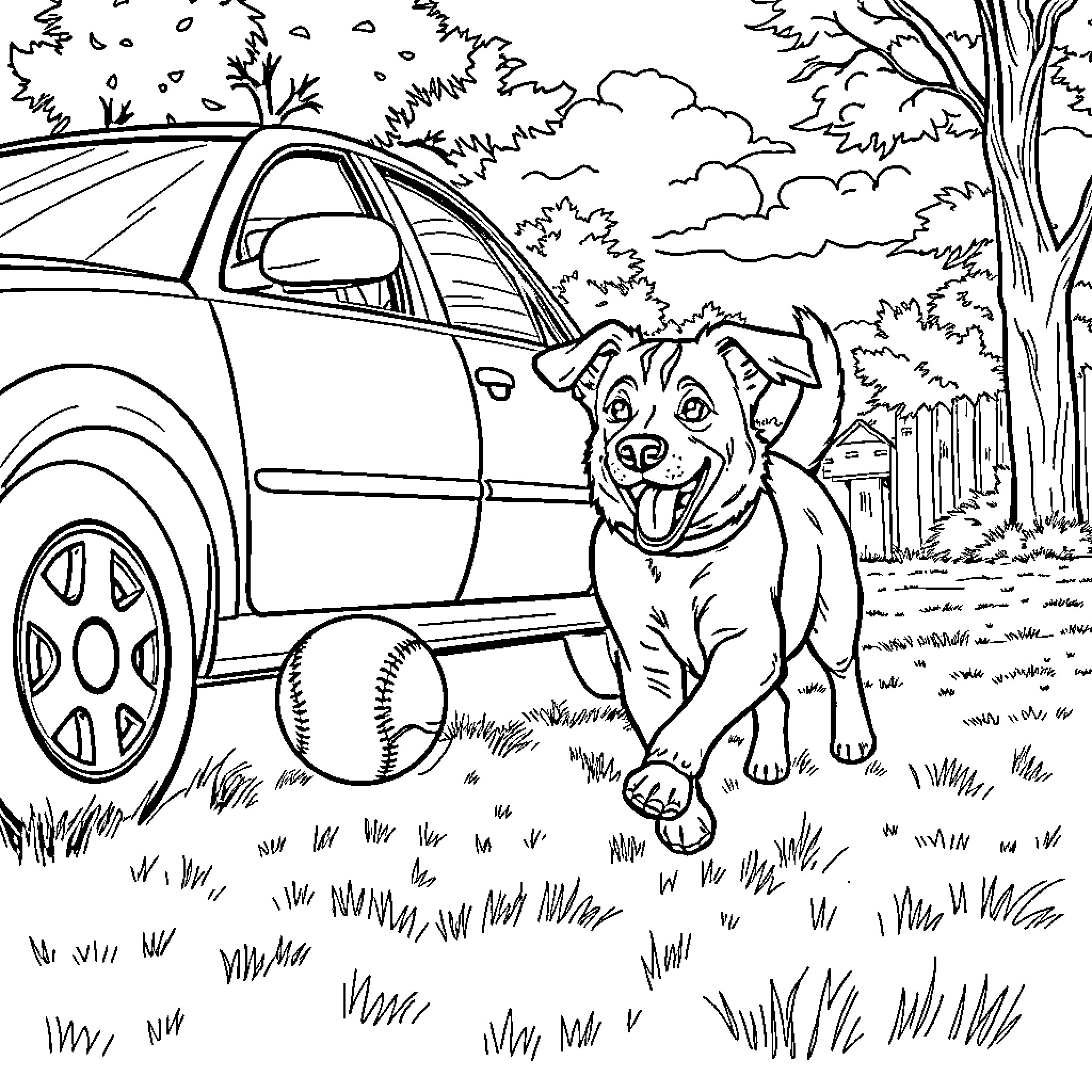 Dog sitting happily by car in park Coloring Page (free black-and-white line drawing printable PDF for all, from beginners to advanced learners, including children, teens, adults, and seniors)