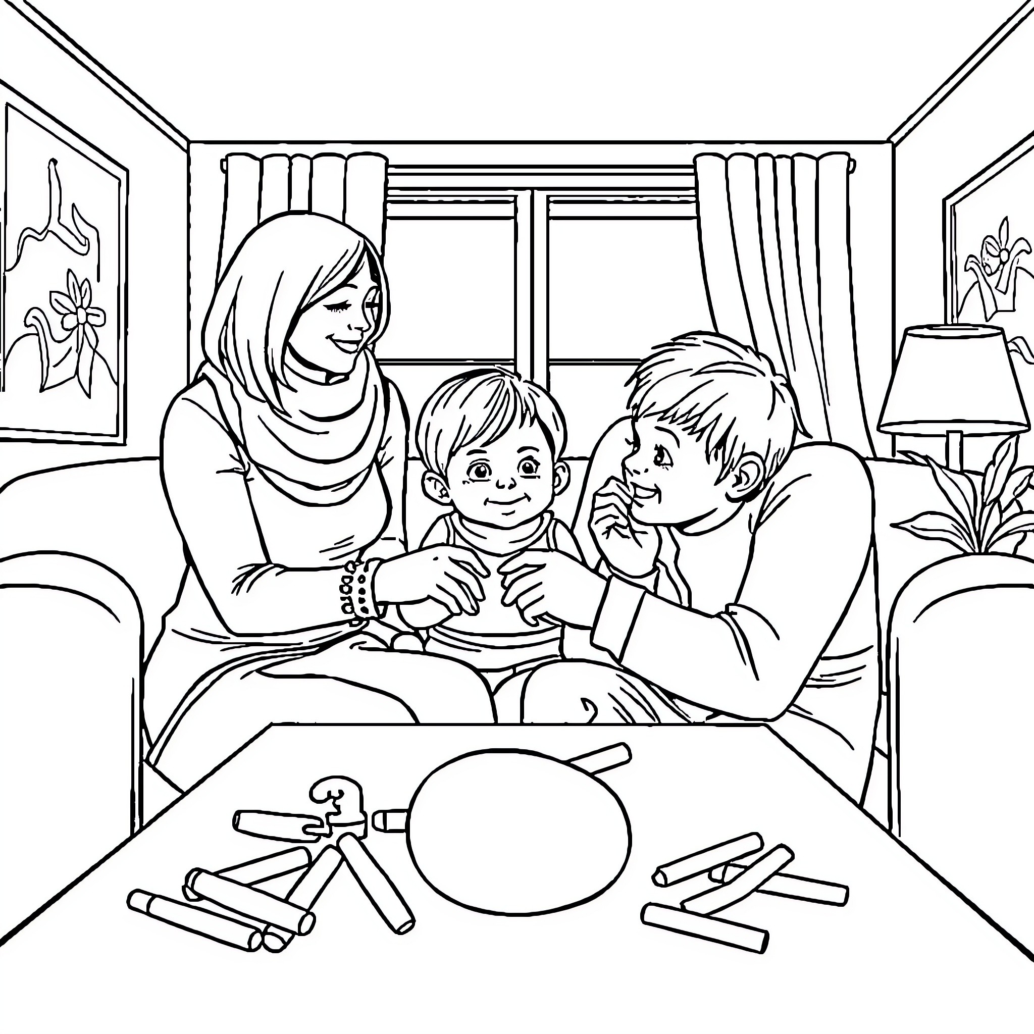 Family Reading and Bonding Together Coloring Page (free black-and-white line drawing printable PDF for all, from beginners to advanced learners, including children, teens, adults, and seniors)
