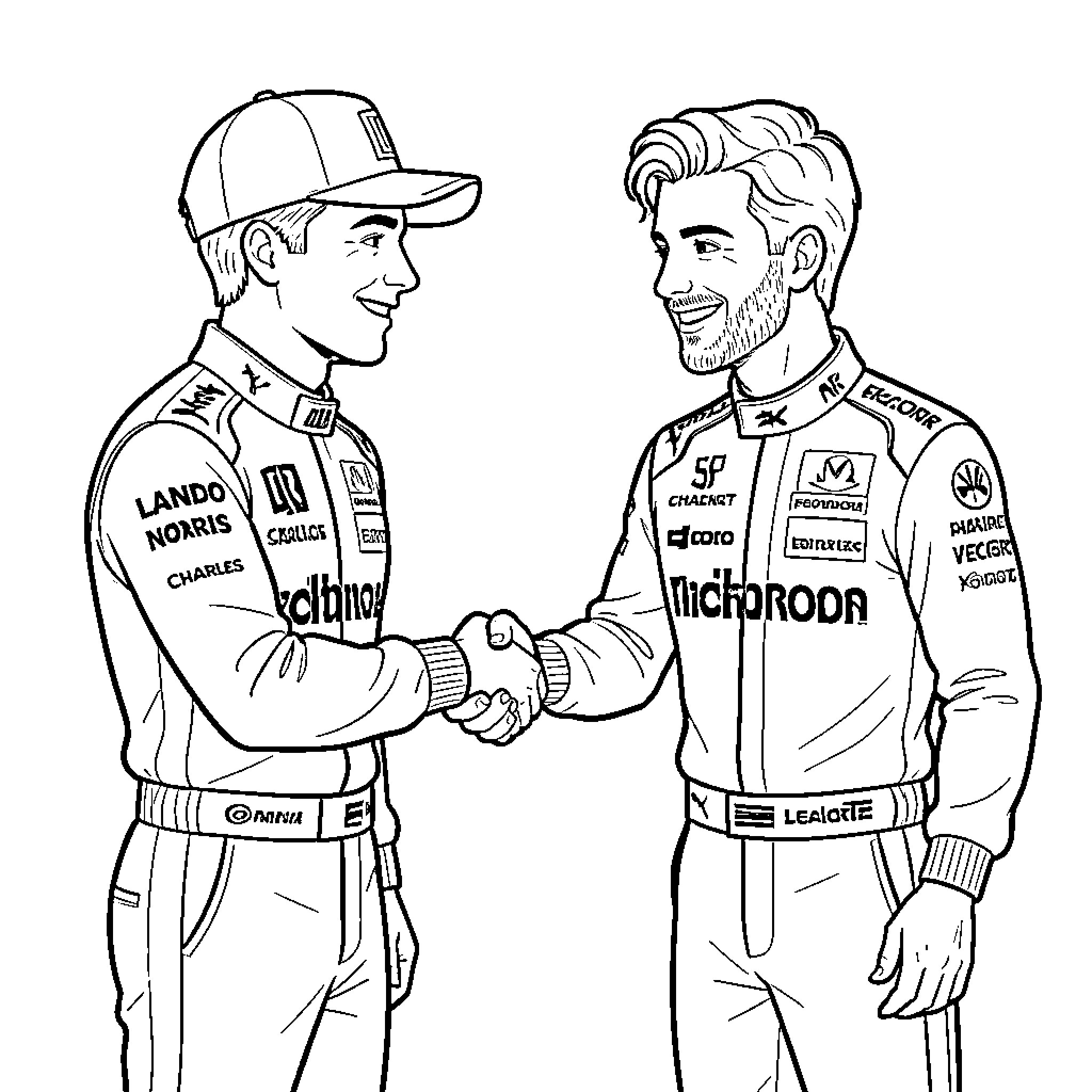 Lando Norris shaking hands with another racing driver Coloring Page (free black-and-white line drawing printable PDF for all, from beginners to advanced learners, including children, teens, adults, and seniors)