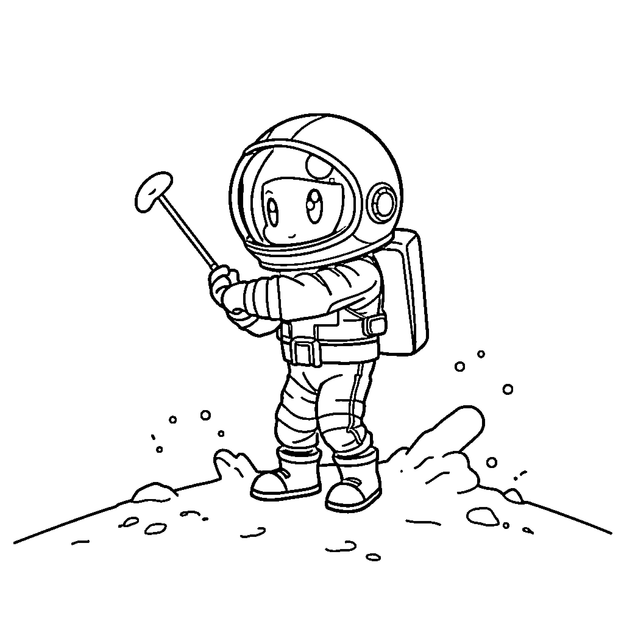 Spaceman exploring a rocky planet Coloring Page (free black-and-white line drawing printable PDF for all, from beginners to advanced learners, including children, teens, adults, and seniors)