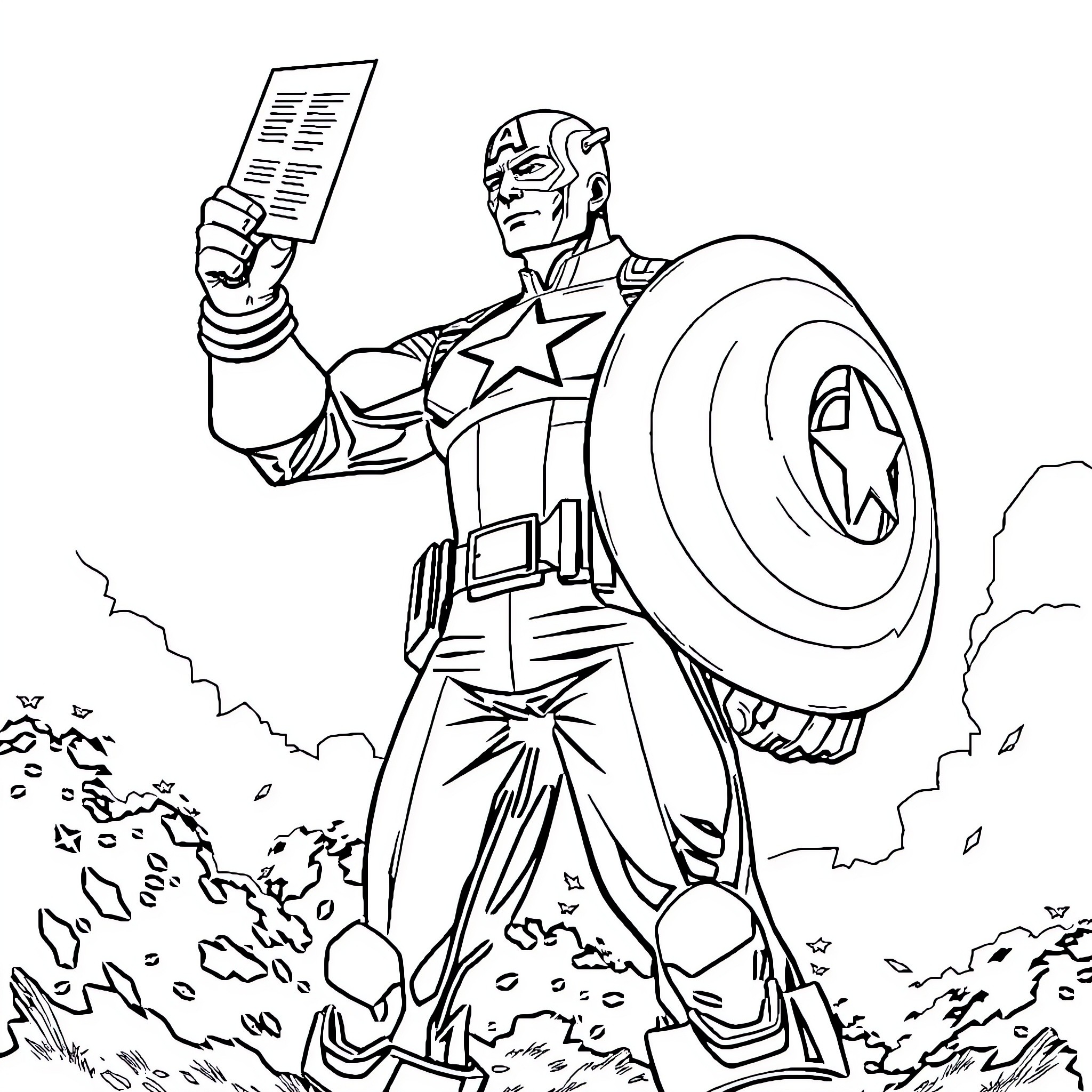 Captain America Holding Document with Cloudy Background Coloring Page (free black-and-white line drawing printable PDF for all, from beginners to advanced learners, including children, teens, adults, and seniors)
