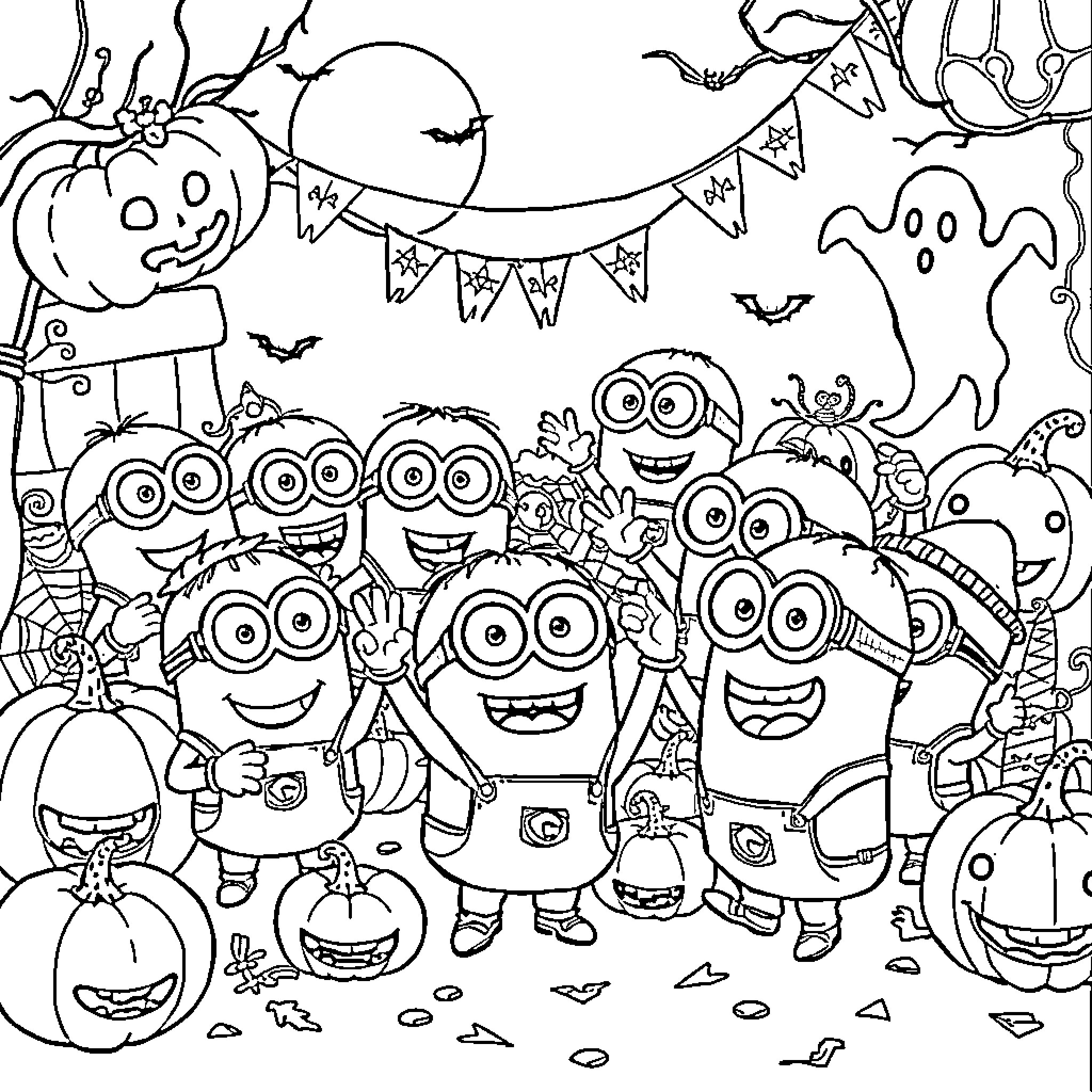 Minions Celebrating Halloween with Decorations Coloring Page (free black-and-white line drawing printable PDF for all, from beginners to advanced learners, including children, teens, adults, and seniors)