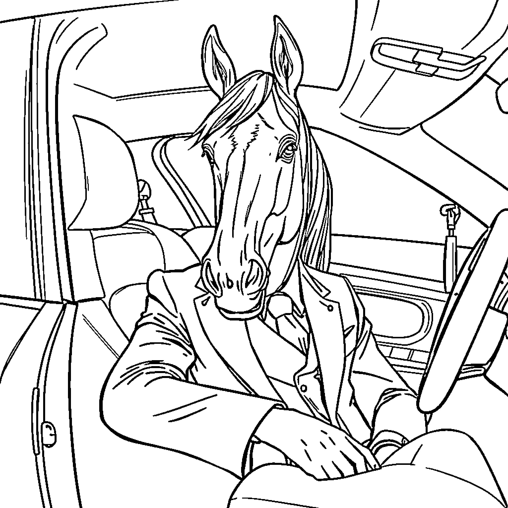 Horse in car looking through window Coloring Page (free black-and-white line drawing printable PDF for all, from beginners to advanced learners, including children, teens, adults, and seniors)
