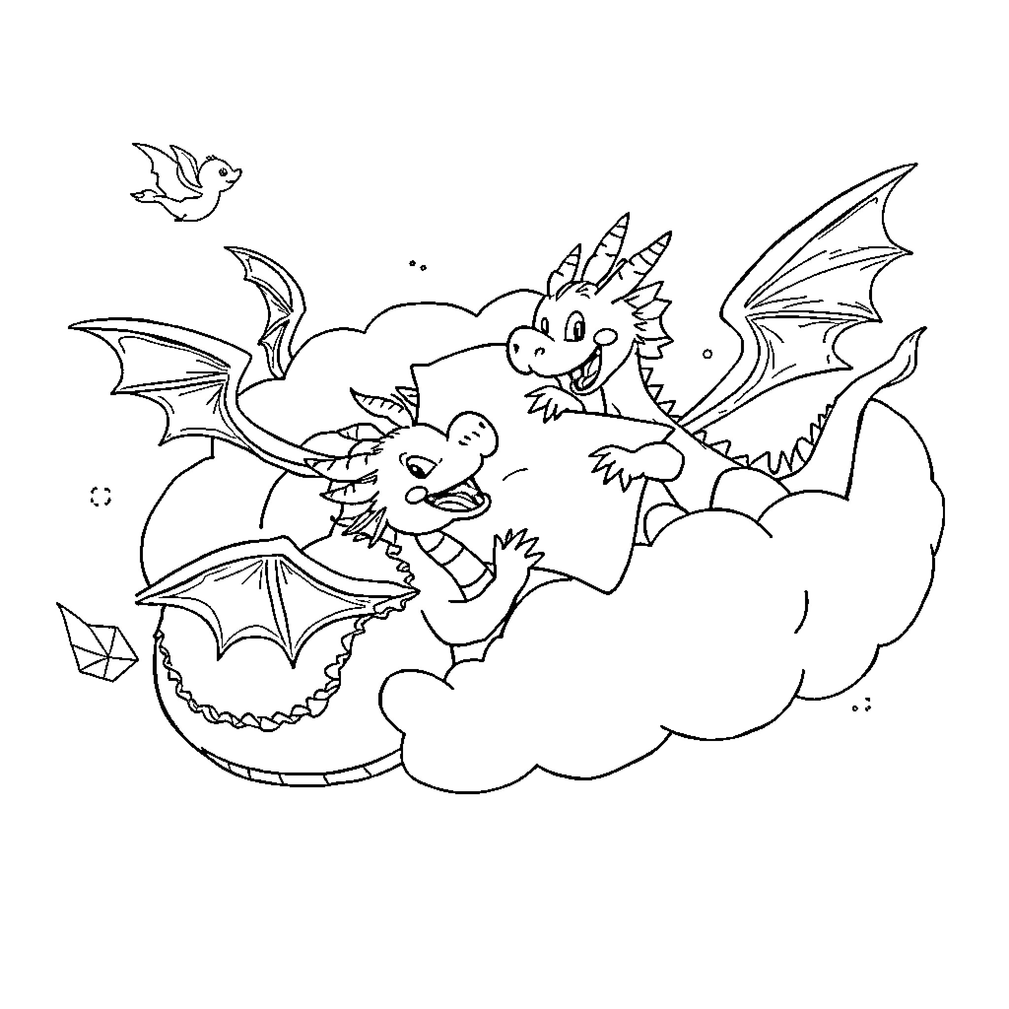 Dragon friends playing in the clouds Coloring Page (free black-and-white line drawing printable PDF for all, from beginners to advanced learners, including children, teens, adults, and seniors)