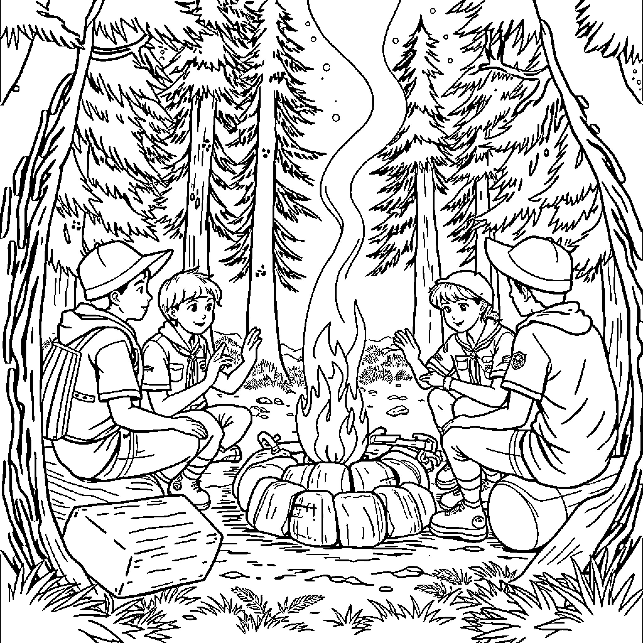 Scout group camping in the forest Coloring Page (free black-and-white line drawing printable PDF for all, from beginners to advanced learners, including children, teens, adults, and seniors)