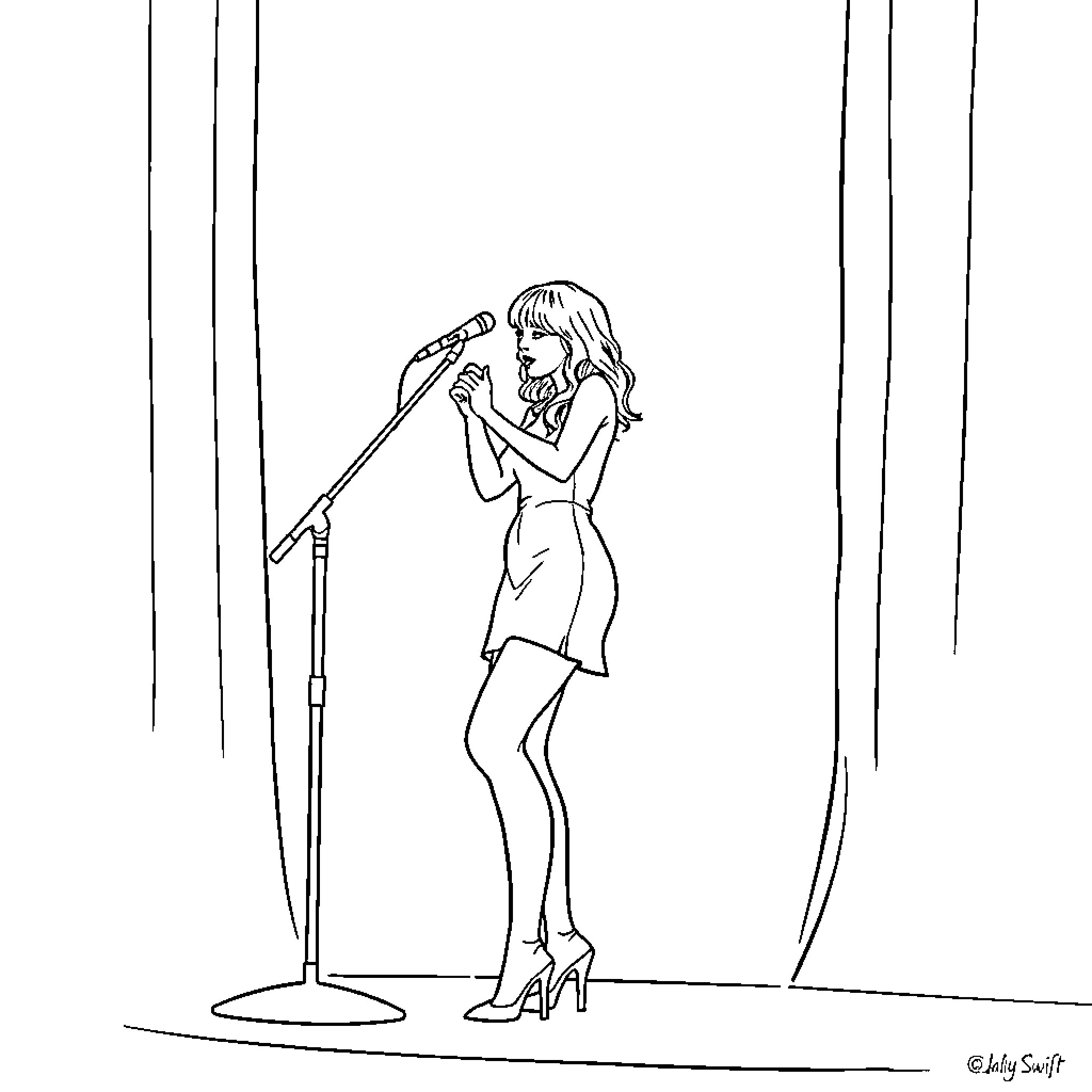 Taylor Swift performing on stage Coloring Page (free black-and-white line drawing printable PDF for all, from beginners to advanced learners, including children, teens, adults, and seniors)