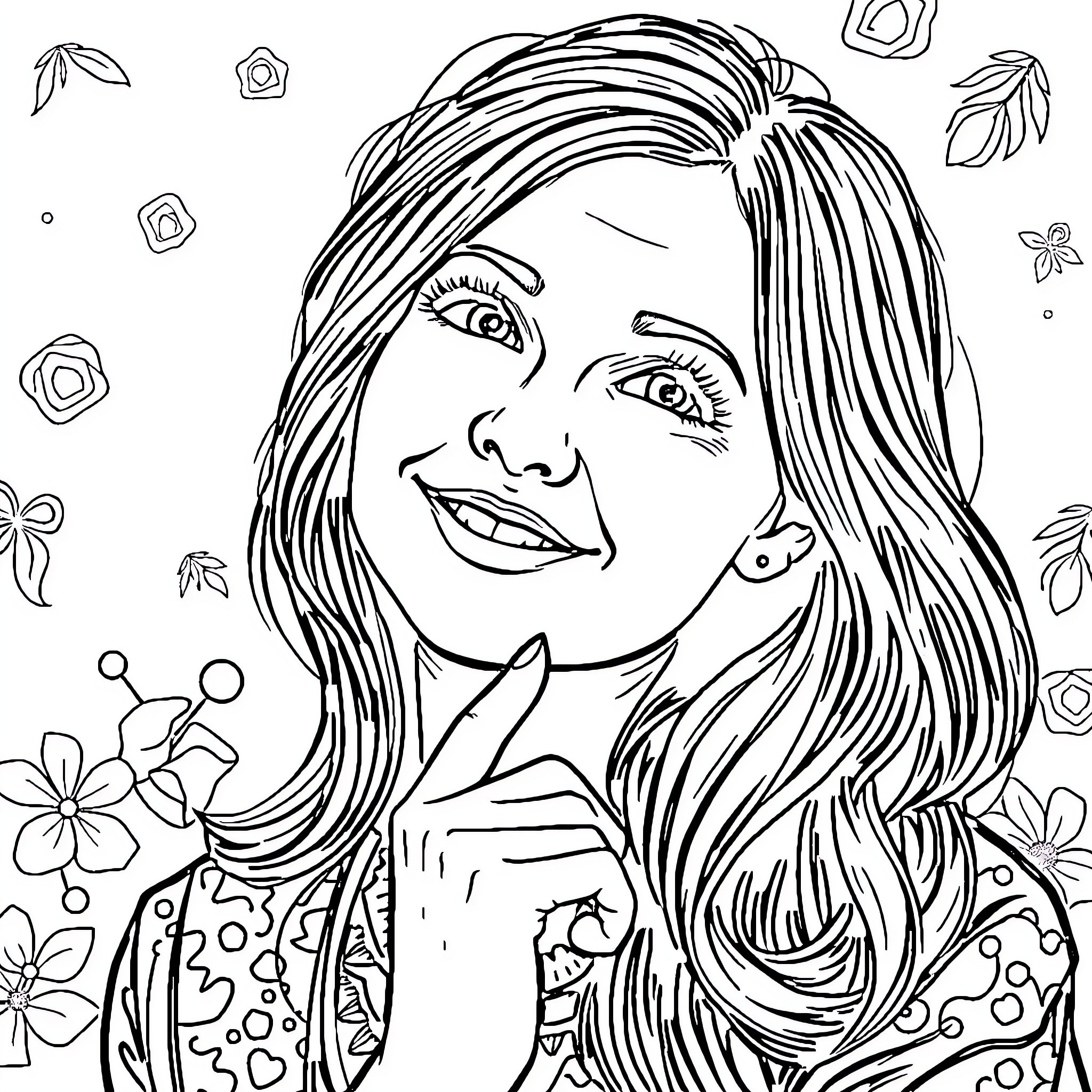 Anna Lewin smiling joyfully amid flowers and nature Coloring Page (free black-and-white line drawing printable PDF for all, from beginners to advanced learners, including children, teens, adults, and seniors)
