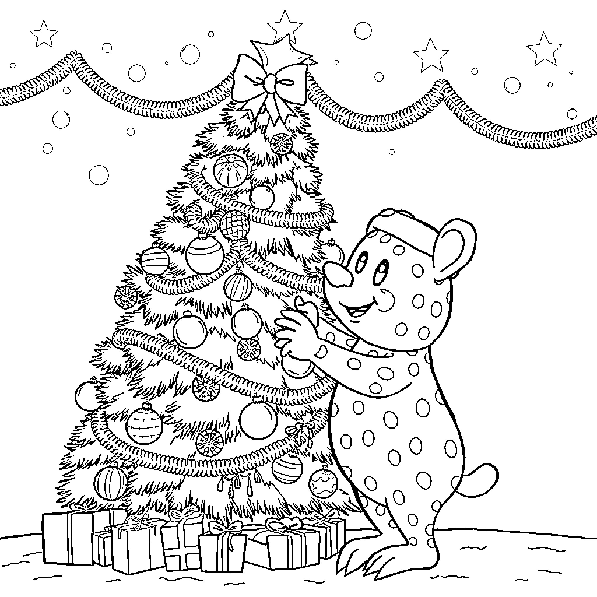 Labubu decorating the Christmas tree with joy Coloring Page (free black-and-white line drawing printable PDF for all, from beginners to advanced learners, including children, teens, adults, and seniors)