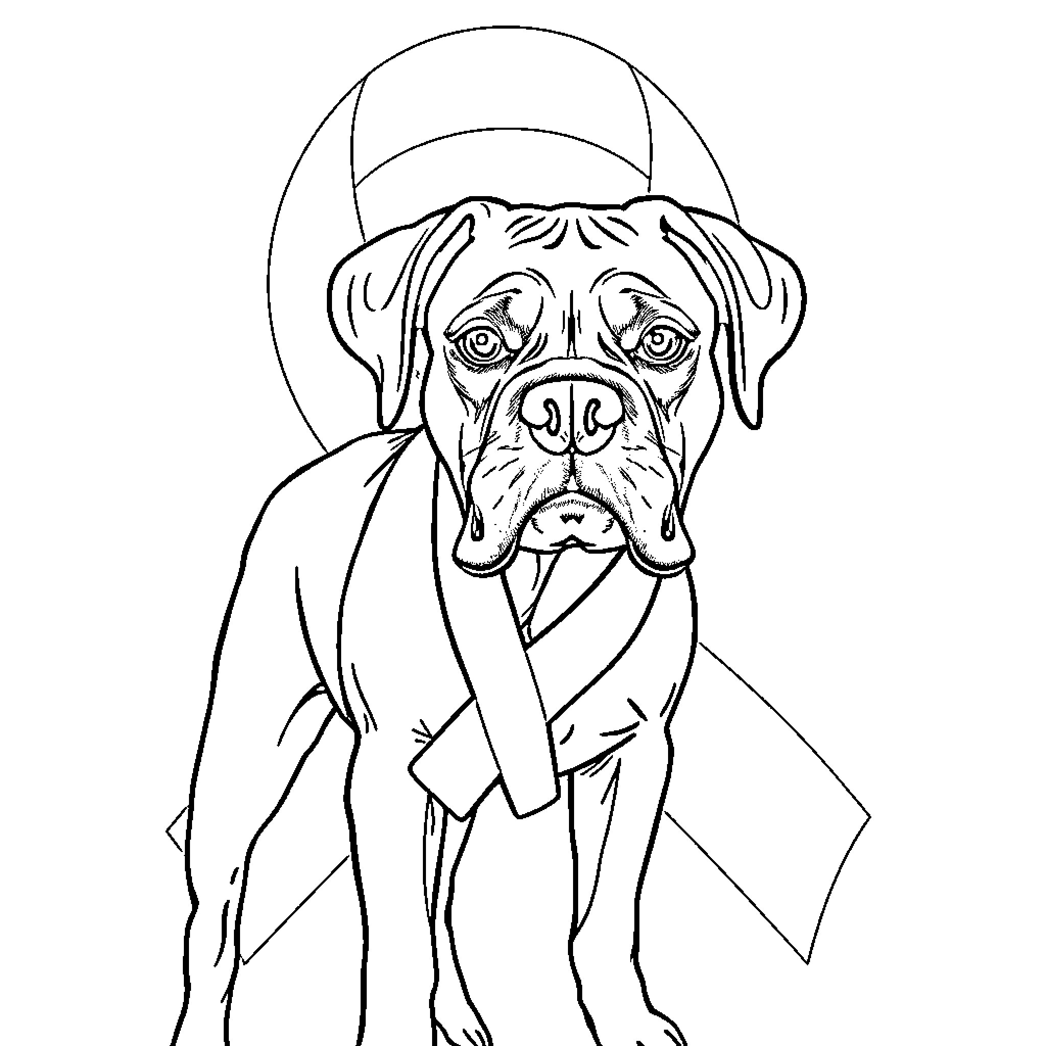 Boxer Dog Wearing a Cap and Scarf Coloring Page (free black-and-white line drawing printable PDF for all, from beginners to advanced learners, including children, teens, adults, and seniors)