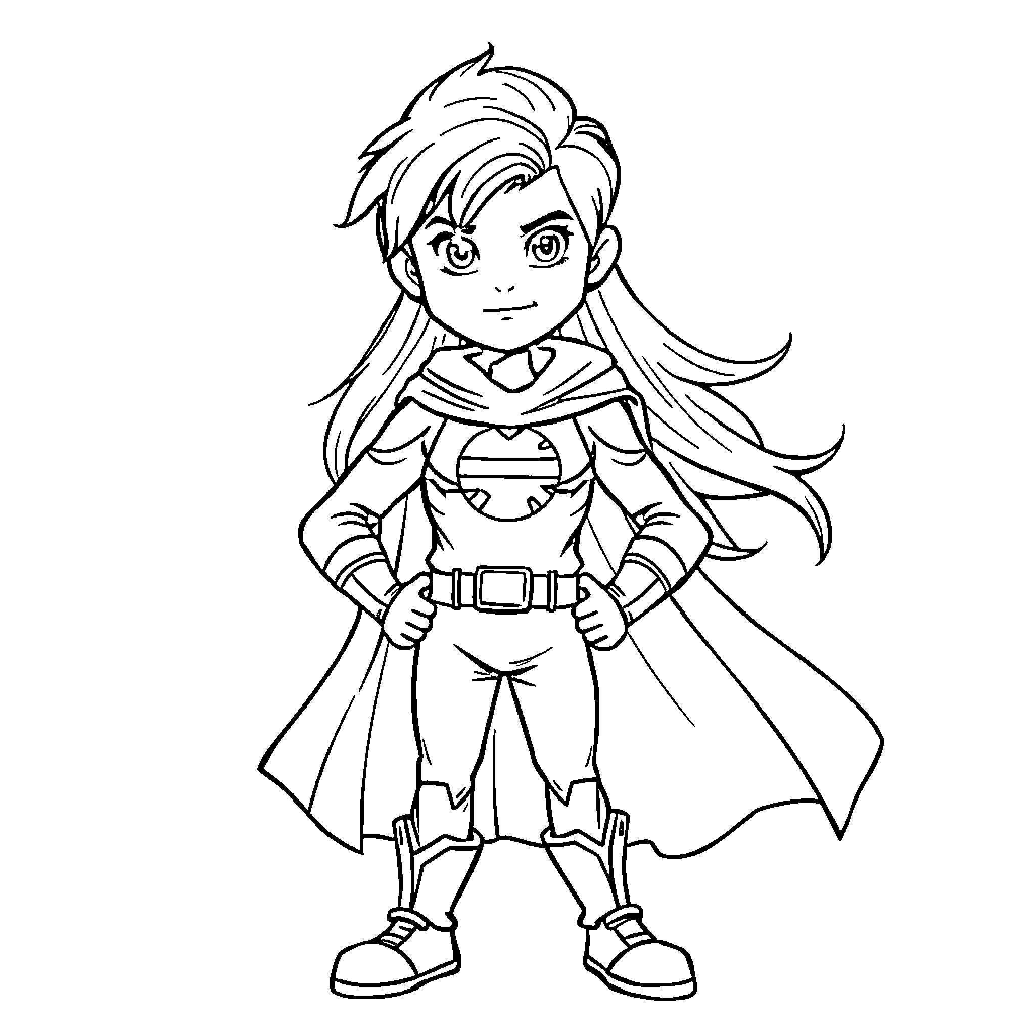 Superhero in Heroic Pose with Flowing Cape Coloring Page (free black-and-white line drawing printable PDF for all, from beginners to advanced learners, including children, teens, adults, and seniors)