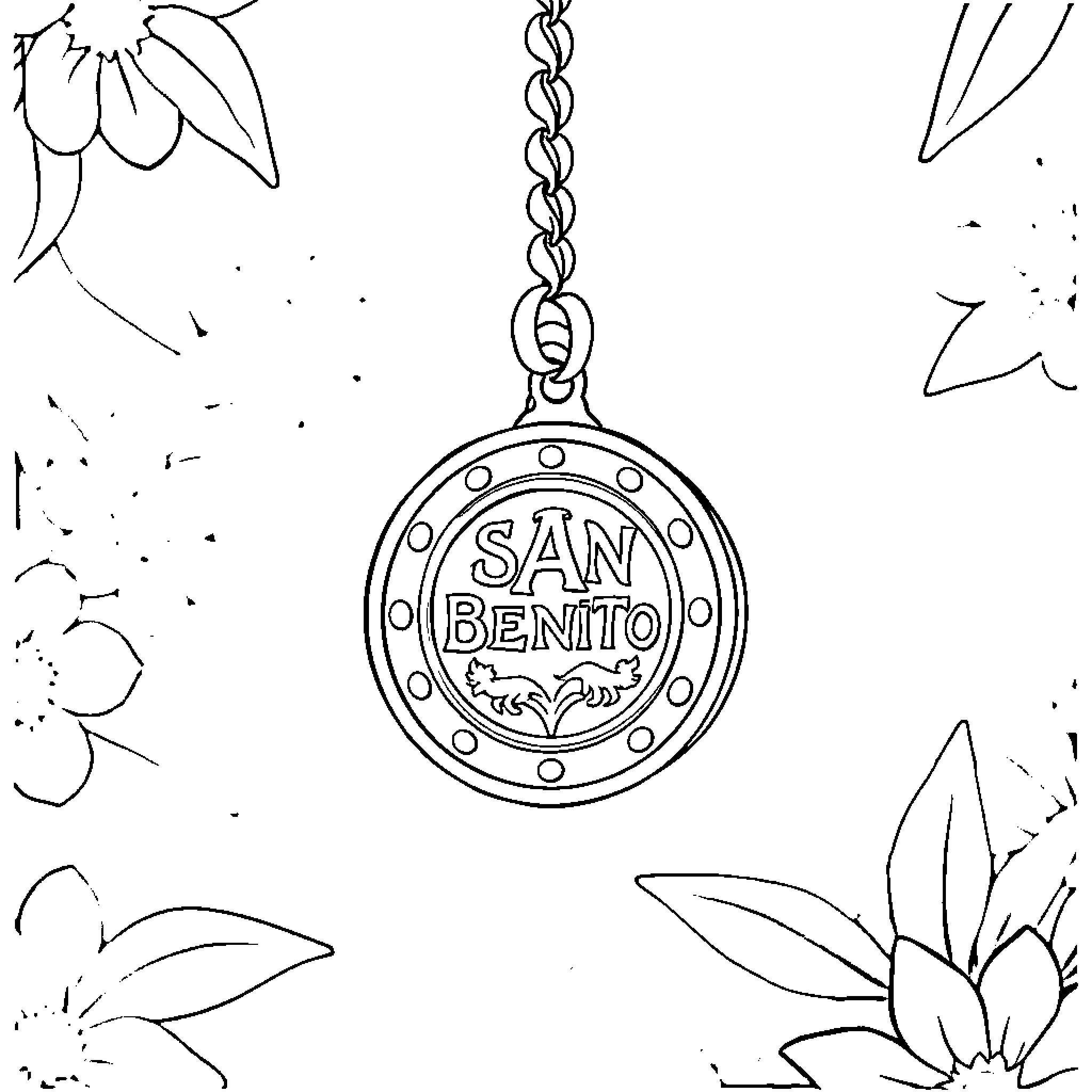San Benito pendant with flowers and leaves Coloring Page (free black-and-white line drawing printable PDF for all, from beginners to advanced learners, including children, teens, adults, and seniors)