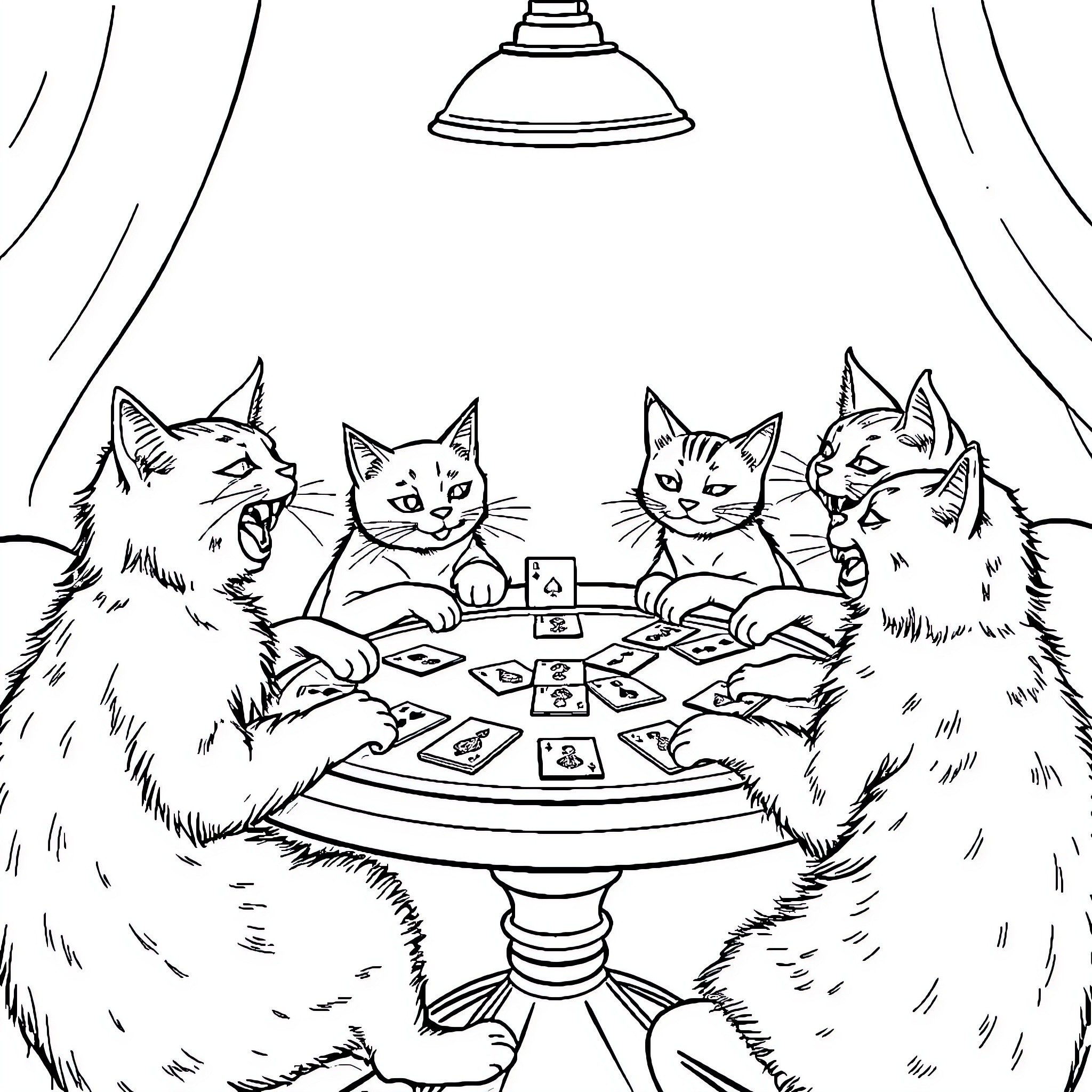 Cat Playing Card Game Under Lamp Coloring Page (free black-and-white line drawing printable PDF for all, from beginners to advanced learners, including children, teens, adults, and seniors)