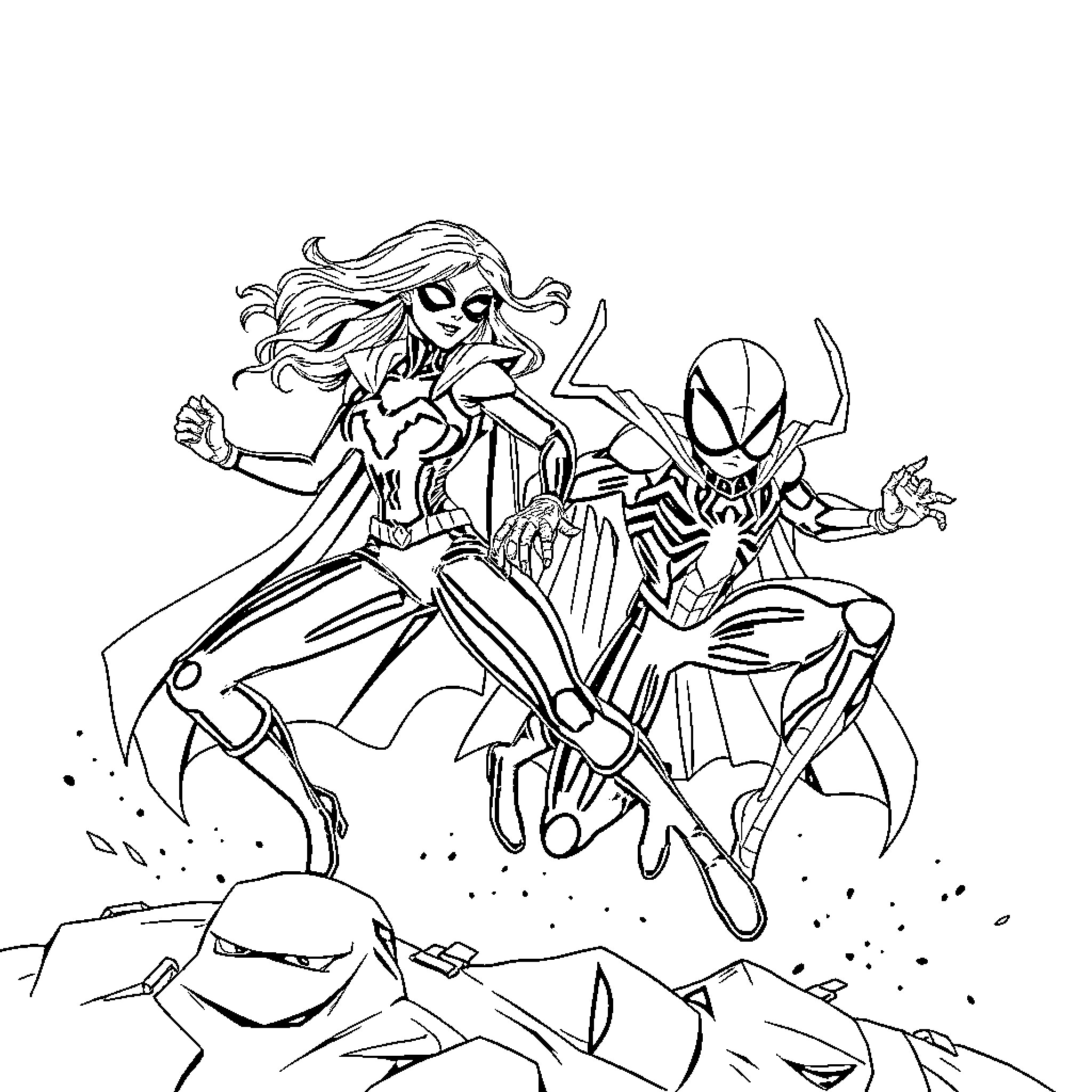 Skye's Heroic Adventure with Spider-Foes Coloring Page (free black-and-white line drawing printable PDF for all, from beginners to advanced learners, including children, teens, adults, and seniors)