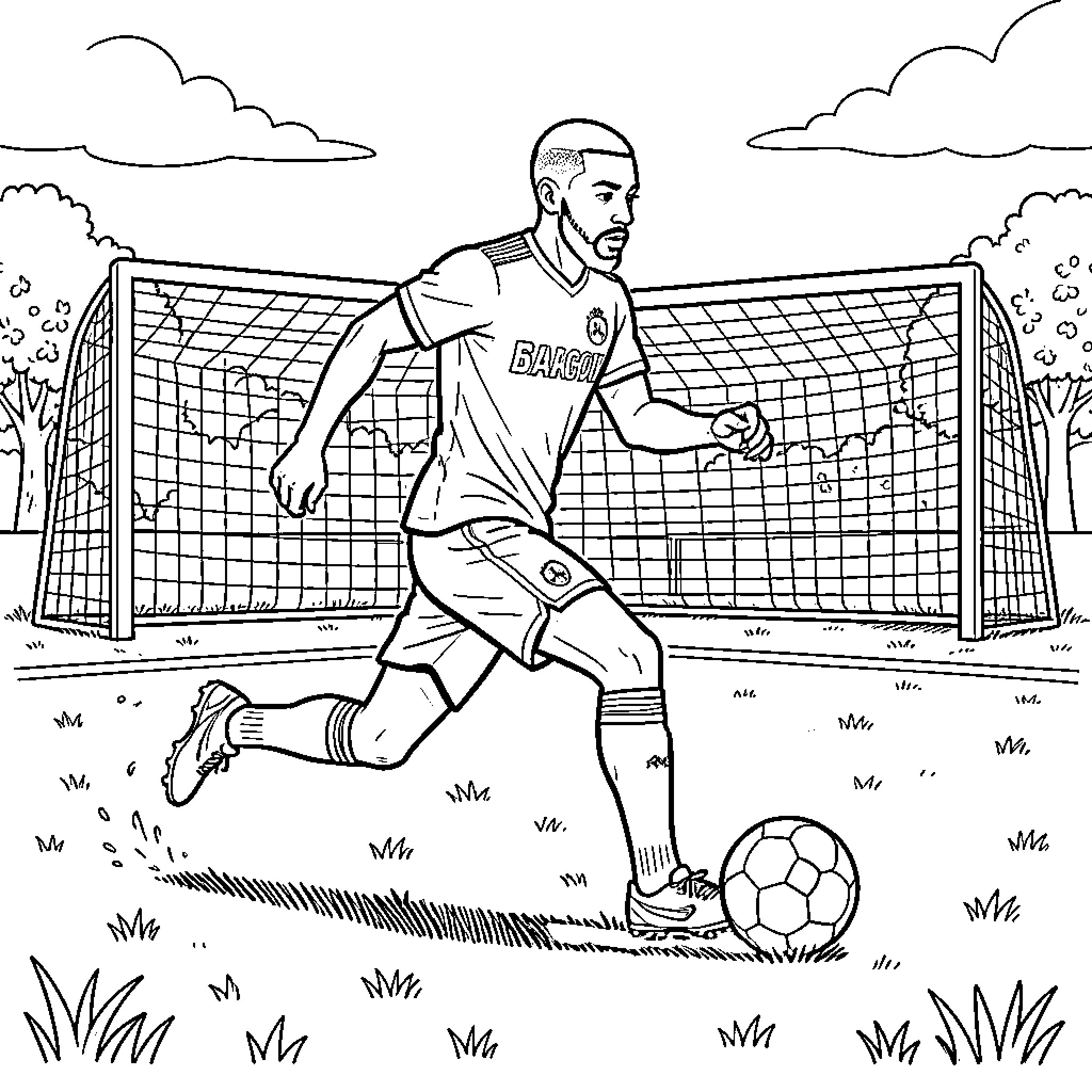 Mbappe dribbling a soccer ball towards the goal Coloring Page (free black-and-white line drawing printable PDF for all, from beginners to advanced learners, including children, teens, adults, and seniors)