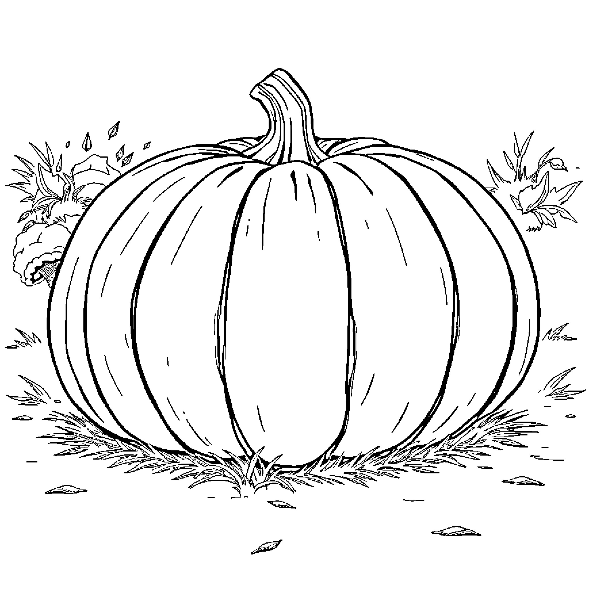 Pumpkin on the autumn ground Coloring Page (free black-and-white line drawing printable PDF for all, from beginners to advanced learners, including children, teens, adults, and seniors)