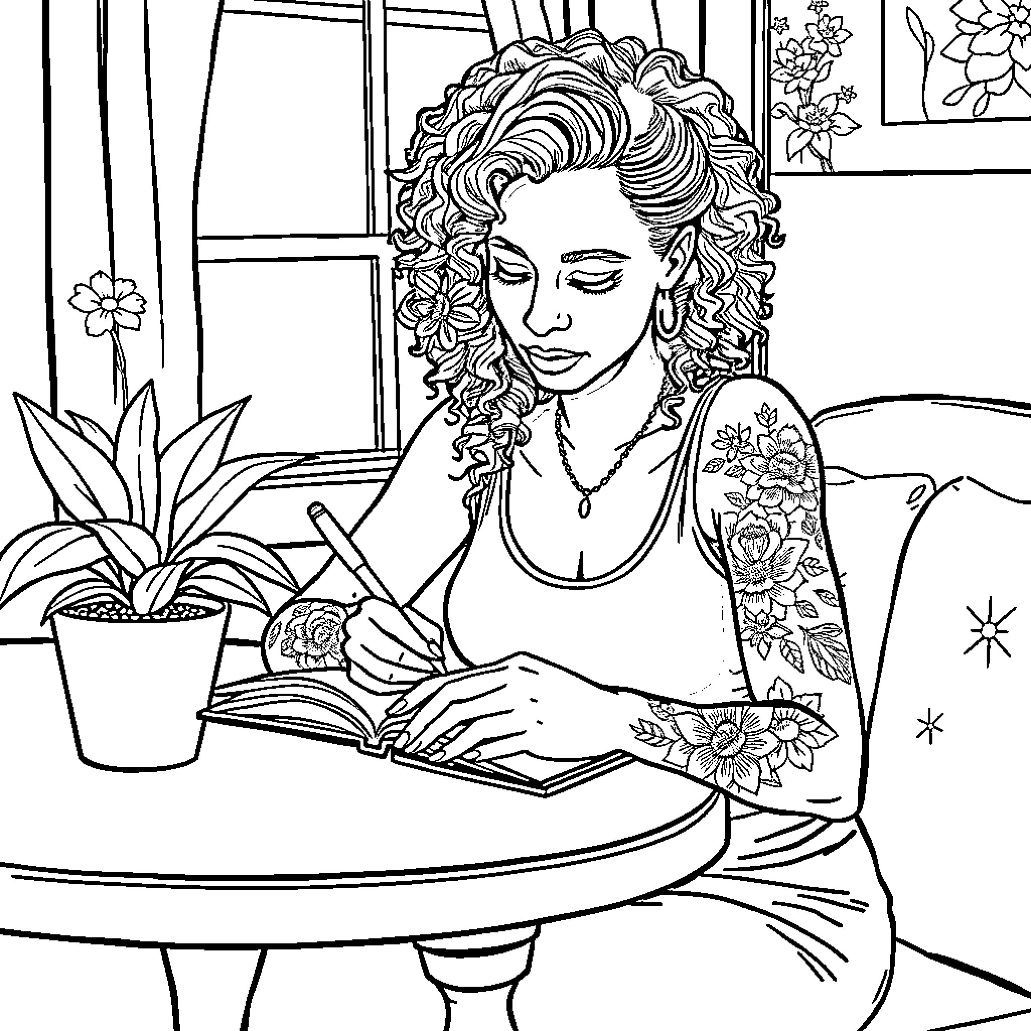 Lady reading a book with tattoos and flowers Coloring Page (free black-and-white line drawing printable PDF for all, from beginners to advanced learners, including children, teens, adults, and seniors)