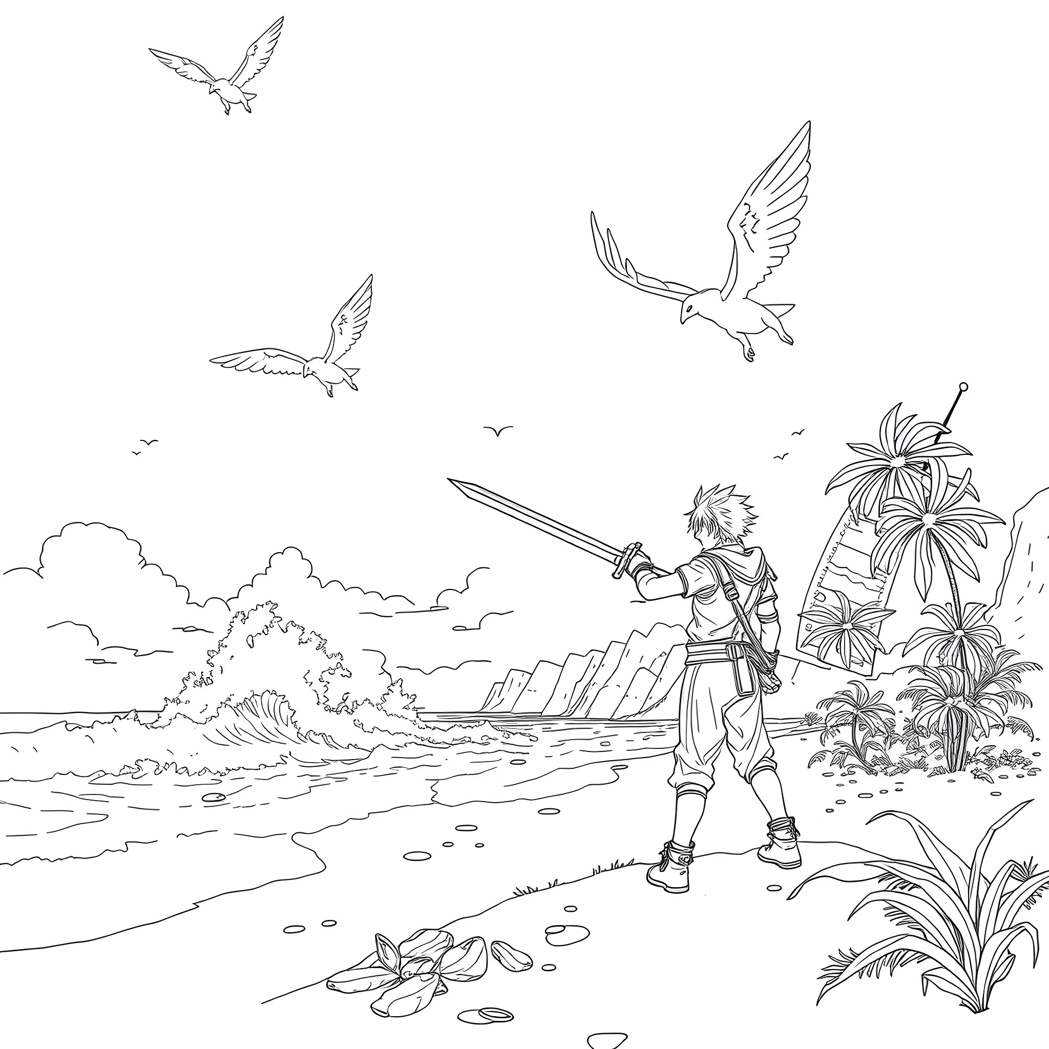 Final Fantasy X - Character with sword on tropical beach Coloring Page (free black-and-white line drawing printable PDF for all, from beginners to advanced learners, including children, teens, adults, and seniors)