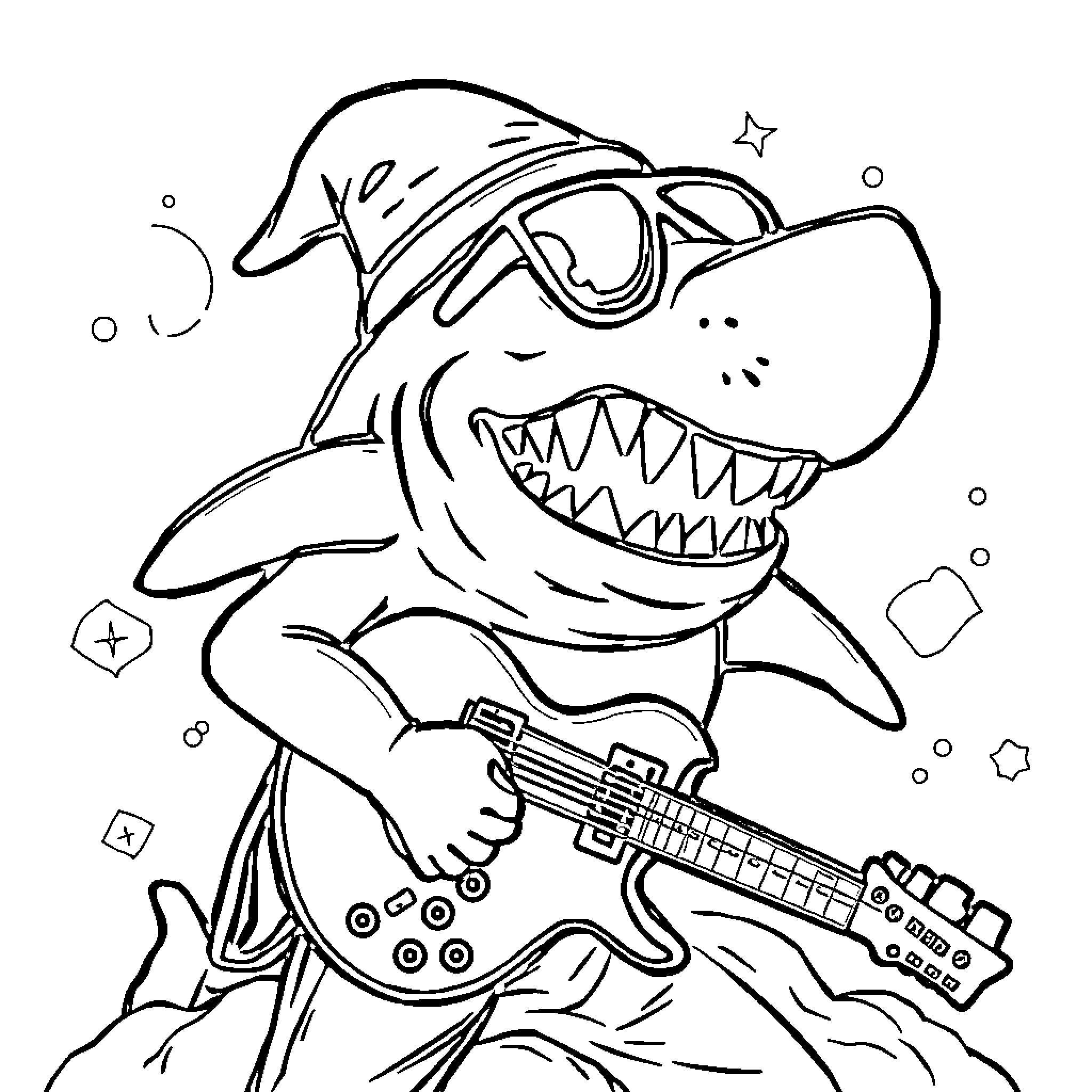 Shark rocking out with guitar on stage Coloring Page (free black-and-white line drawing printable PDF for all, from beginners to advanced learners, including children, teens, adults, and seniors)