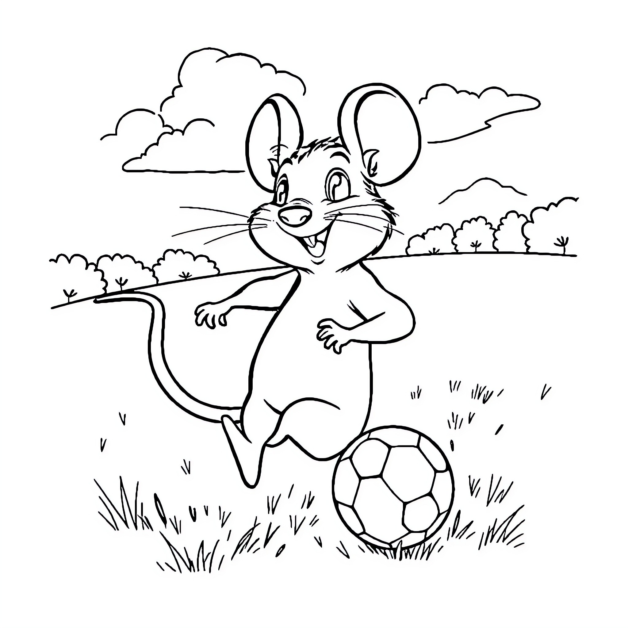 Mouse playing joyfully with soccer ball in field Coloring Page (free black-and-white line drawing printable PDF for all, from beginners to advanced learners, including children, teens, adults, and seniors)