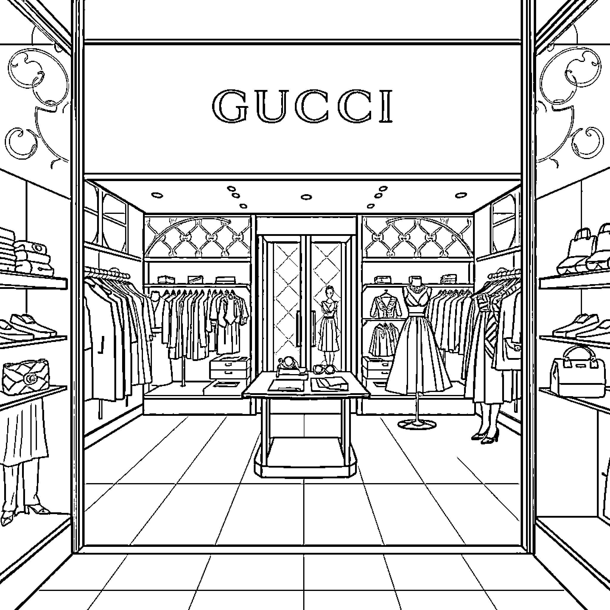 Gucci Fashion Boutique Display Coloring Page (free black-and-white line drawing printable PDF for all, from beginners to advanced learners, including children, teens, adults, and seniors)