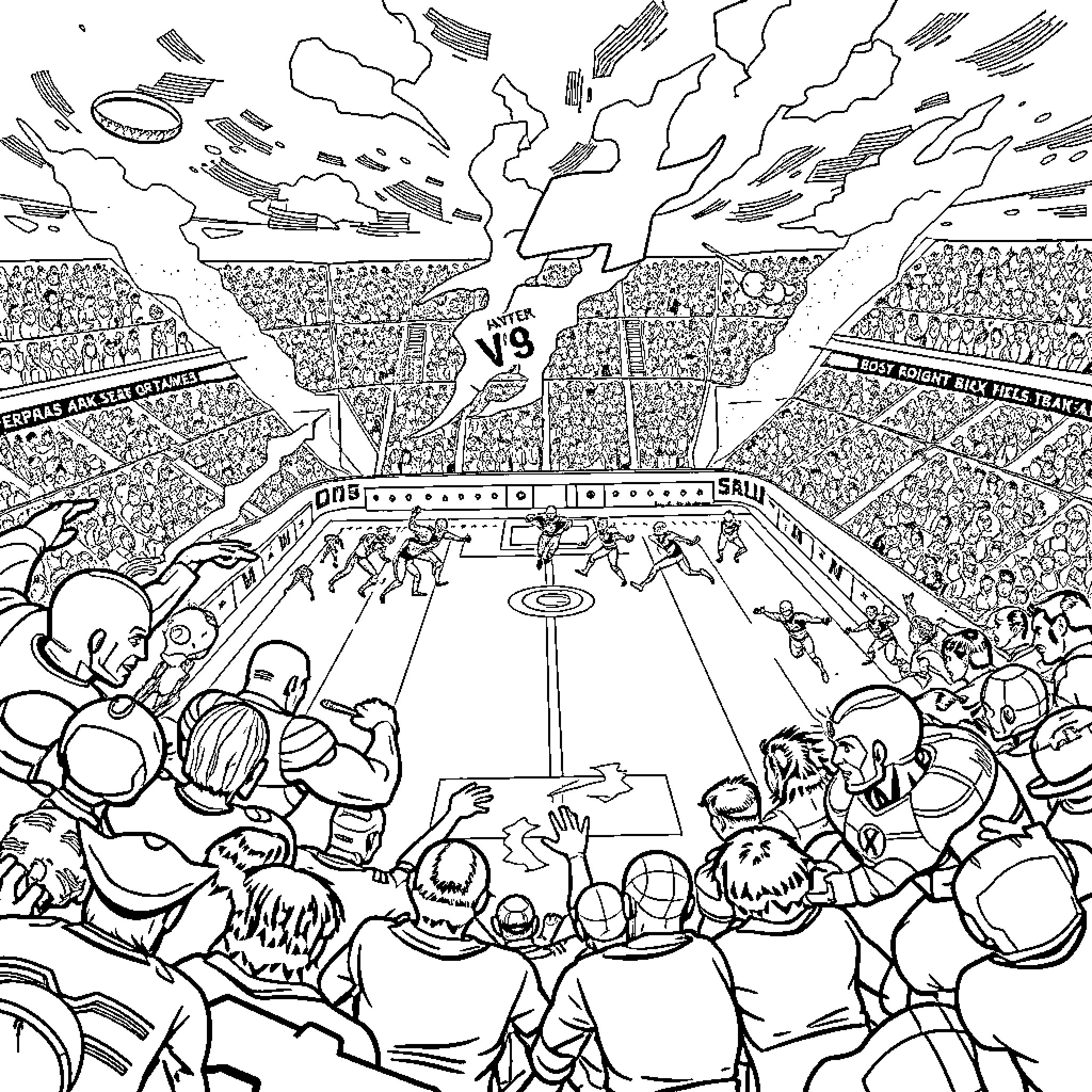Avengers Assemble for Epic Battle in Stadium Coloring Page (free black-and-white line drawing printable PDF for all, from beginners to advanced learners, including children, teens, adults, and seniors)