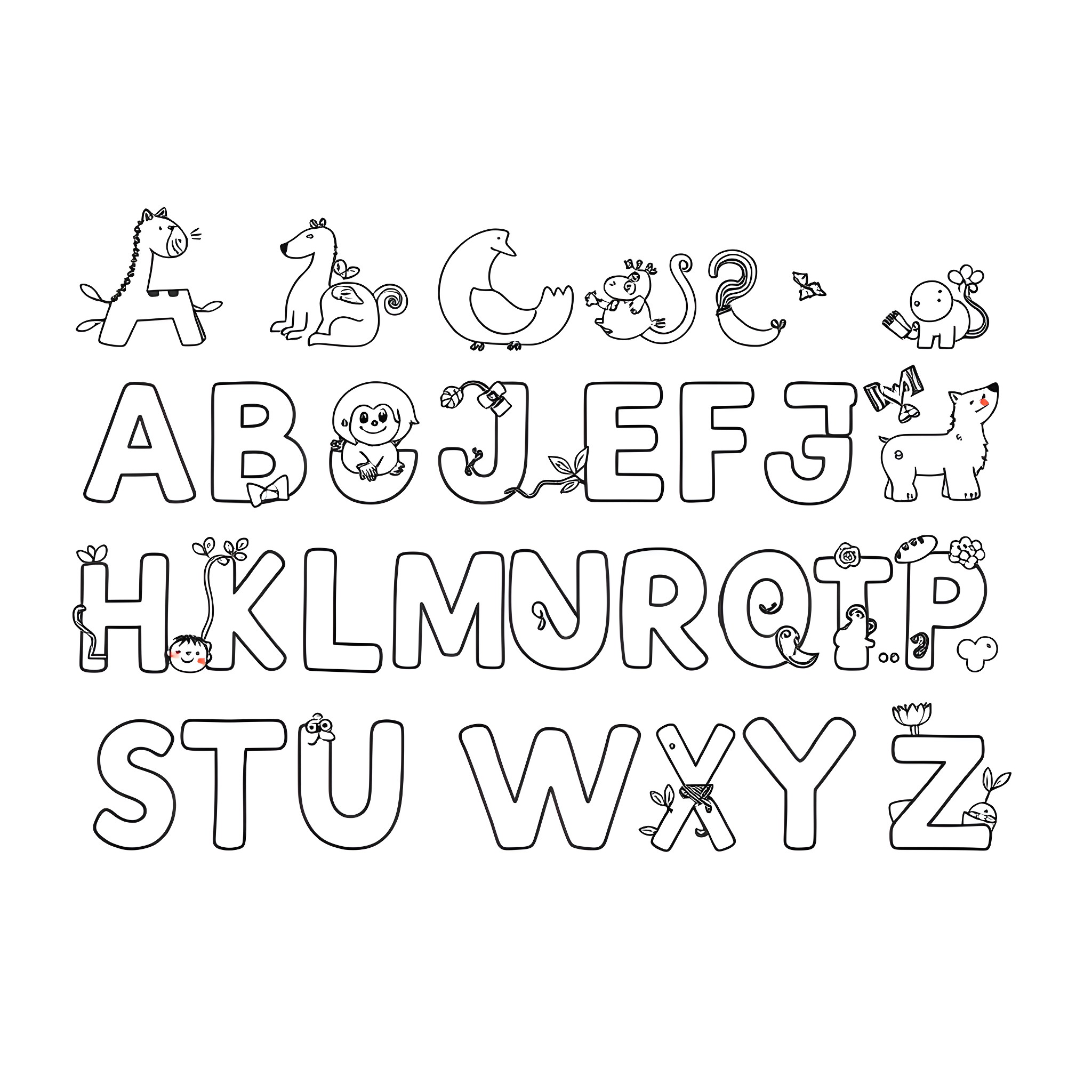 Alphabet animals playing and exploring Coloring Page (free black-and-white line drawing printable PDF for all, from beginners to advanced learners, including children, teens, adults, and seniors)