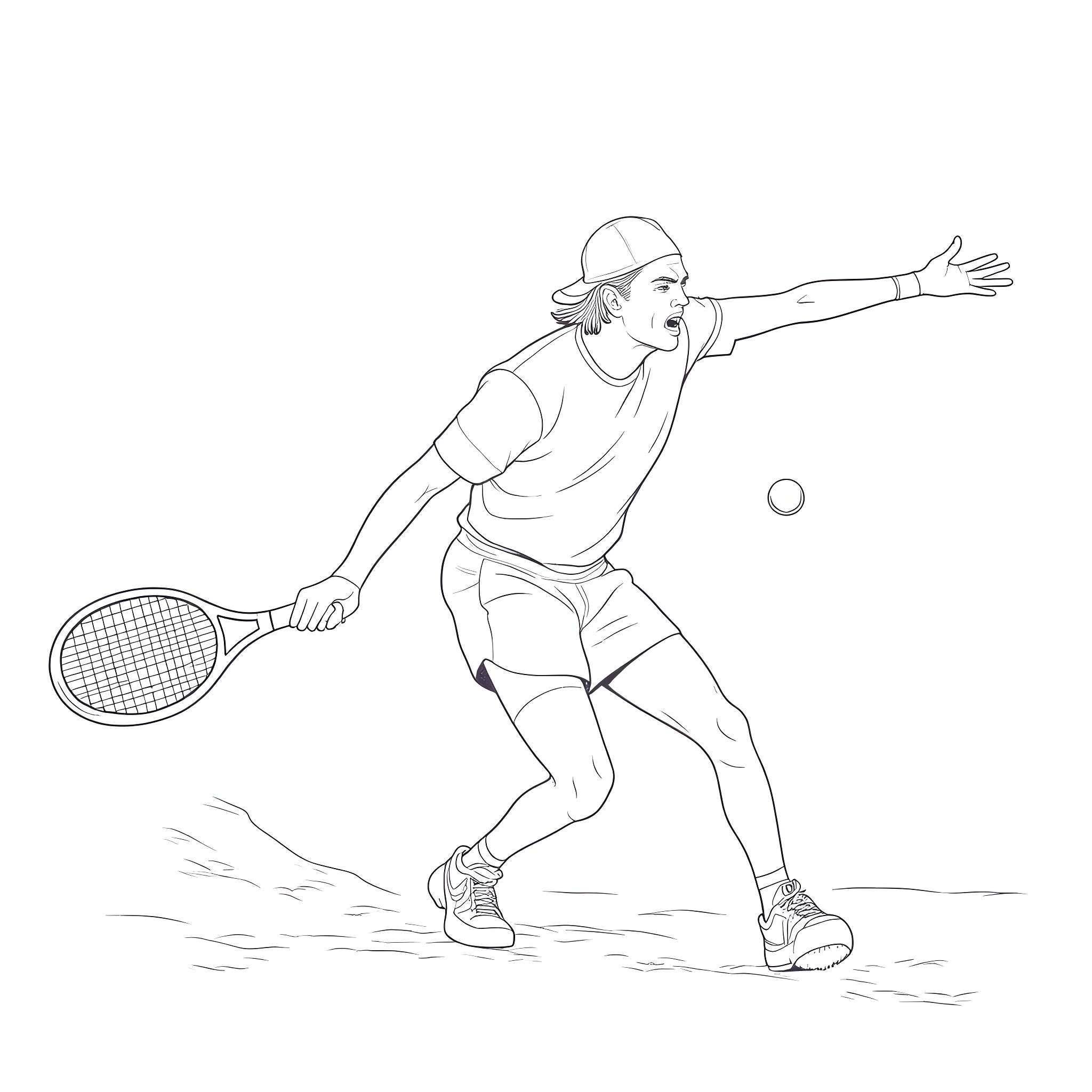 Tennis Player in Energetic Serve Motion Coloring Page (free black-and-white line drawing printable PDF for all, from beginners to advanced learners, including children, teens, adults, and seniors)