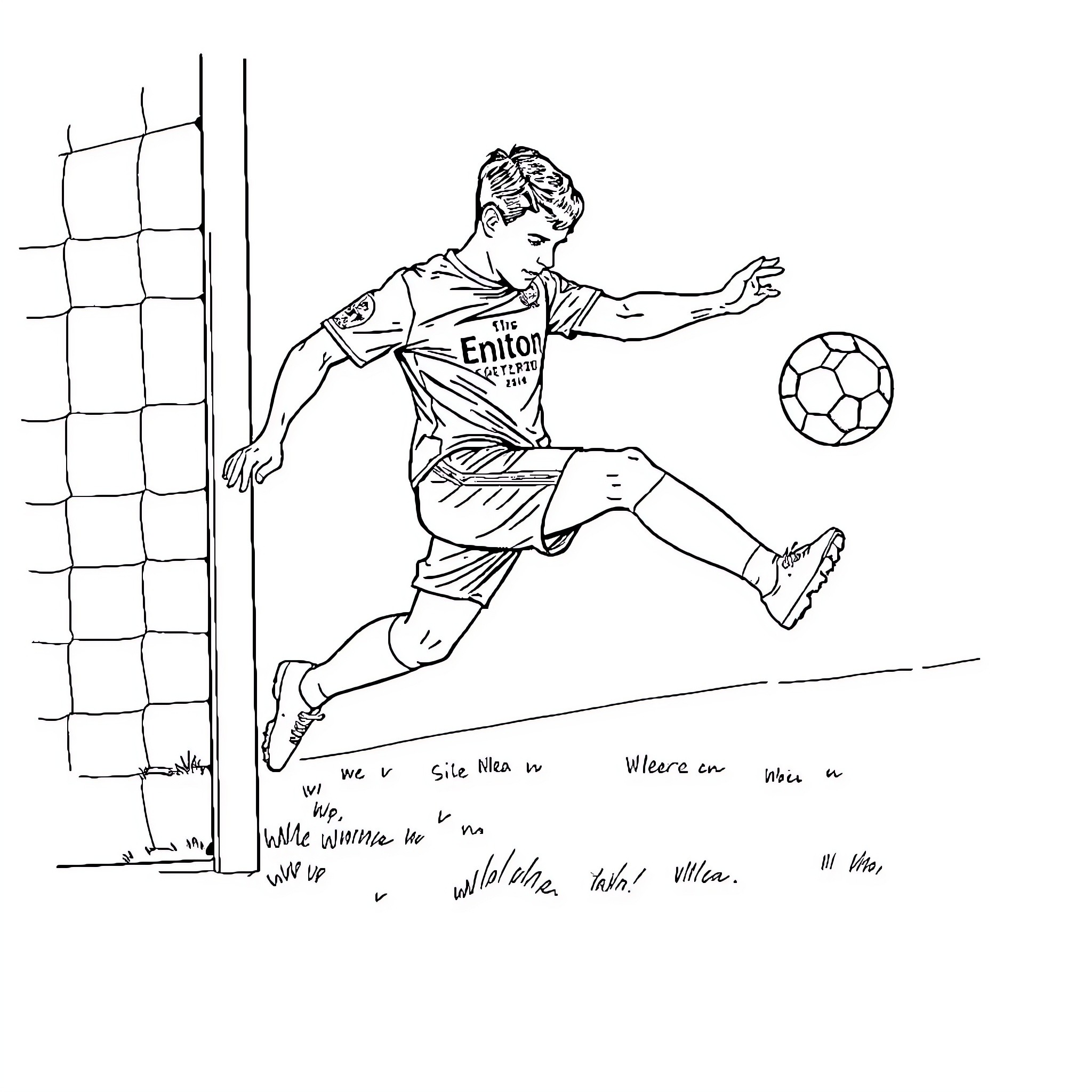 Footballer taking a shot on goal Coloring Page (free black-and-white line drawing printable PDF for all, from beginners to advanced learners, including children, teens, adults, and seniors)