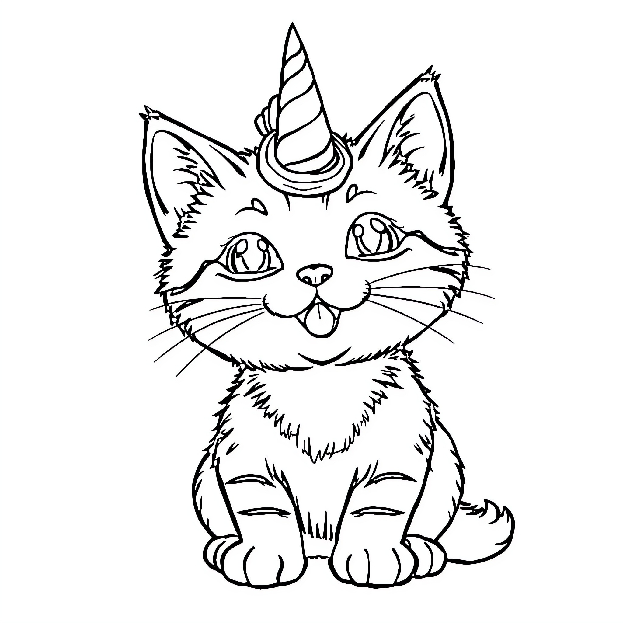 Cat unicorn with whimsical expression Coloring Page (free black-and-white line drawing printable PDF for all, from beginners to advanced learners, including children, teens, adults, and seniors)
