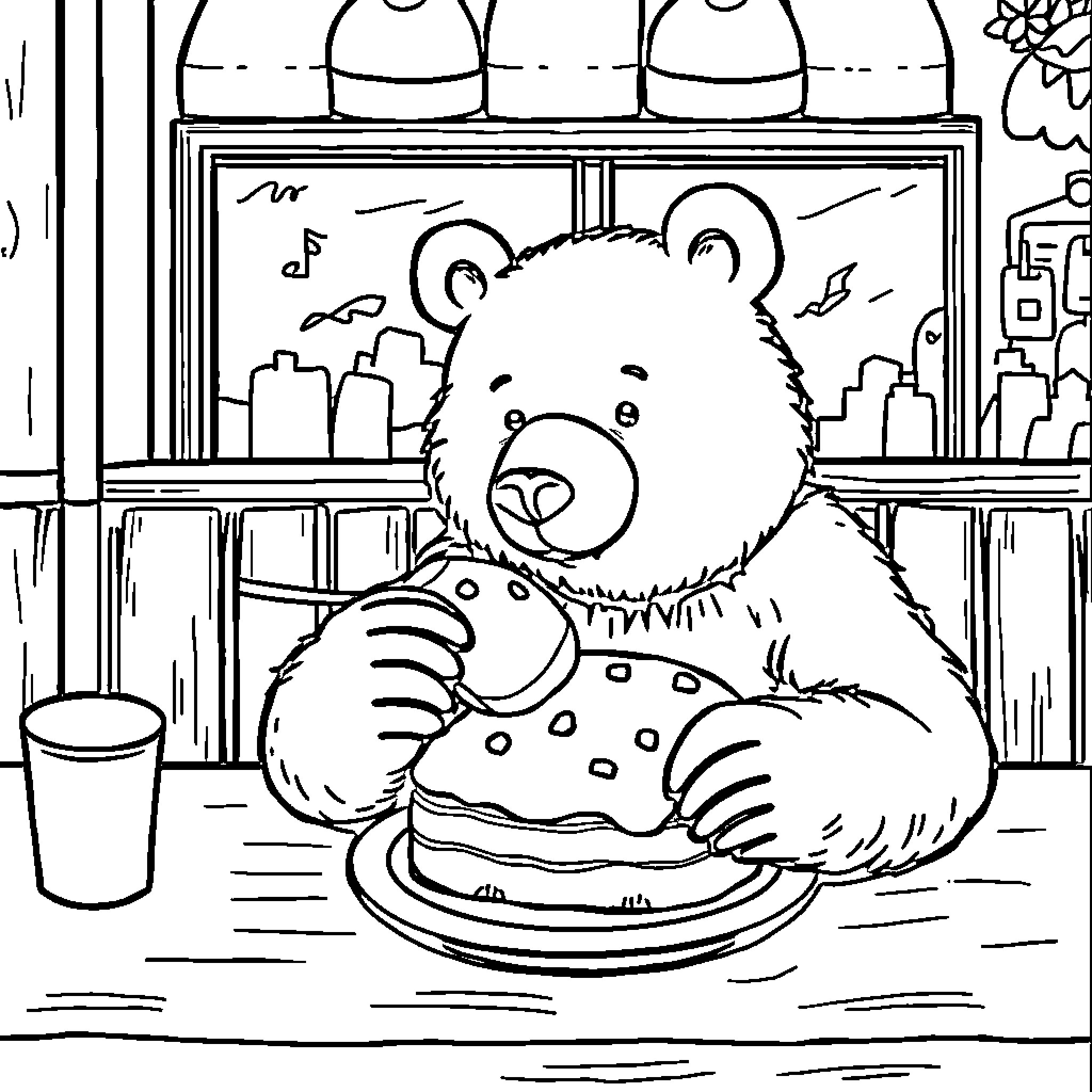 Bear Enjoying a Delicious Meal Coloring Page (free black-and-white line drawing printable PDF for all, from beginners to advanced learners, including children, teens, adults, and seniors)