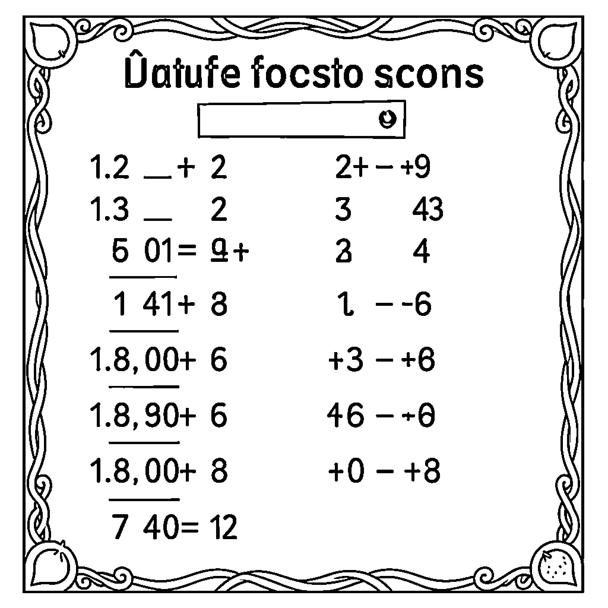 Addition and subtraction math problems in a decorative frame Coloring Page (free black-and-white line drawing printable PDF for all, from beginners to advanced learners, including children, teens, adults, and seniors)