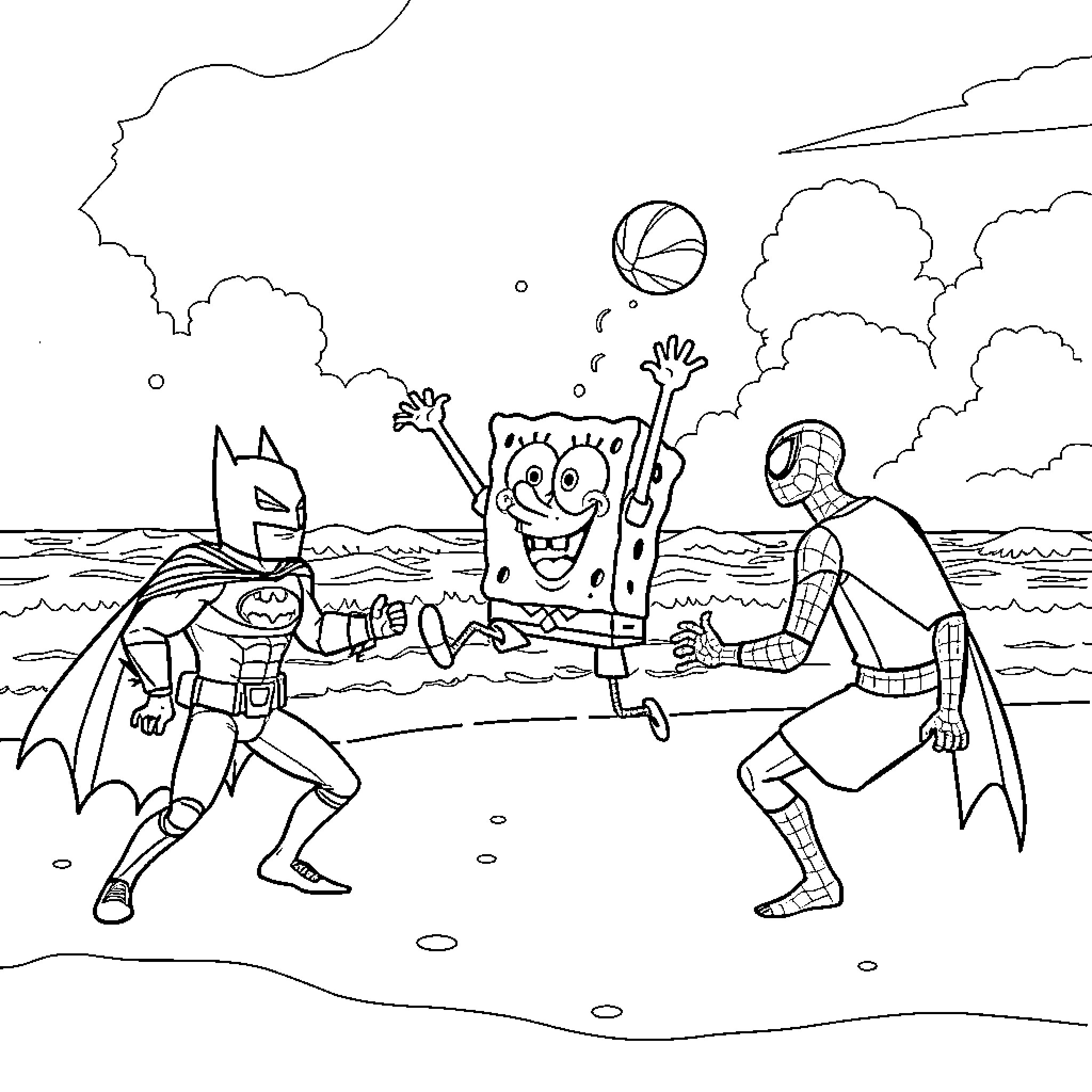 Superhero characters engaging in playful interaction on the beach Coloring Page (free black-and-white line drawing printable PDF for all, from beginners to advanced learners, including children, teens, adults, and seniors)