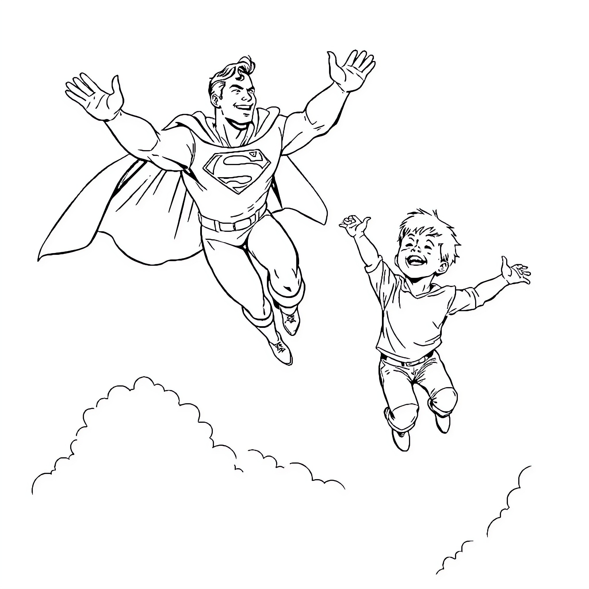 Superman soaring with a child in the sky Coloring Page (free black-and-white line drawing printable PDF for all, from beginners to advanced learners, including children, teens, adults, and seniors)