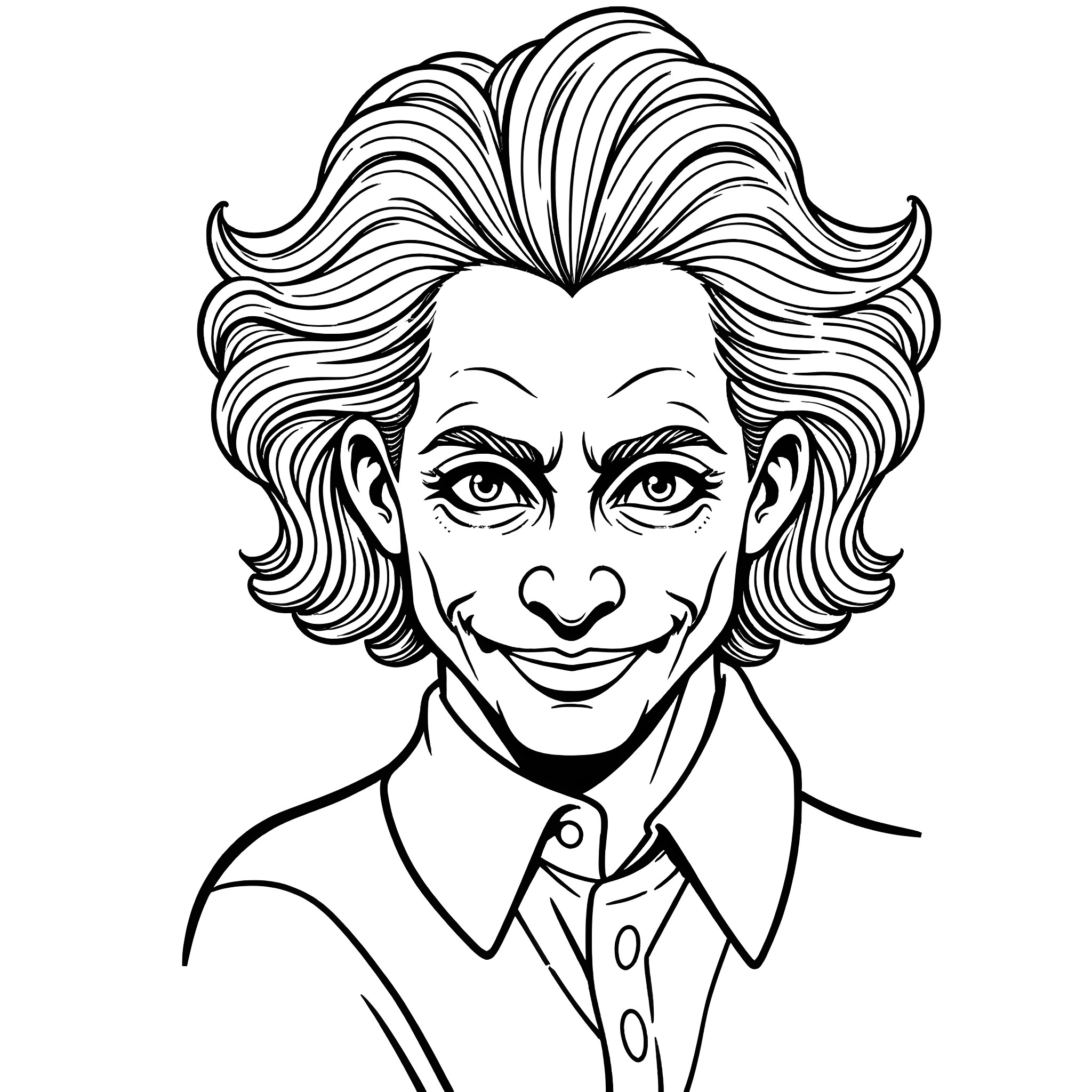 Joker's Mischievous Grin Coloring Page (free black-and-white line drawing printable PDF for all, from beginners to advanced learners, including children, teens, adults, and seniors)
