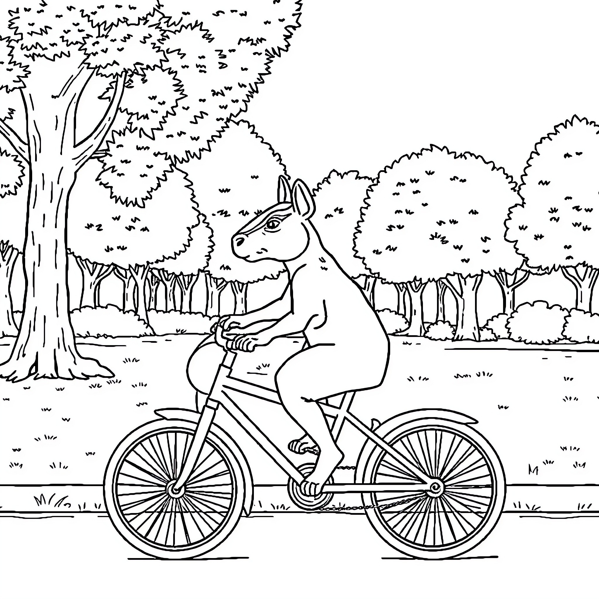 Capybara riding a bicycle through the forest Coloring Page (free black-and-white line drawing printable PDF for all, from beginners to advanced learners, including children, teens, adults, and seniors)