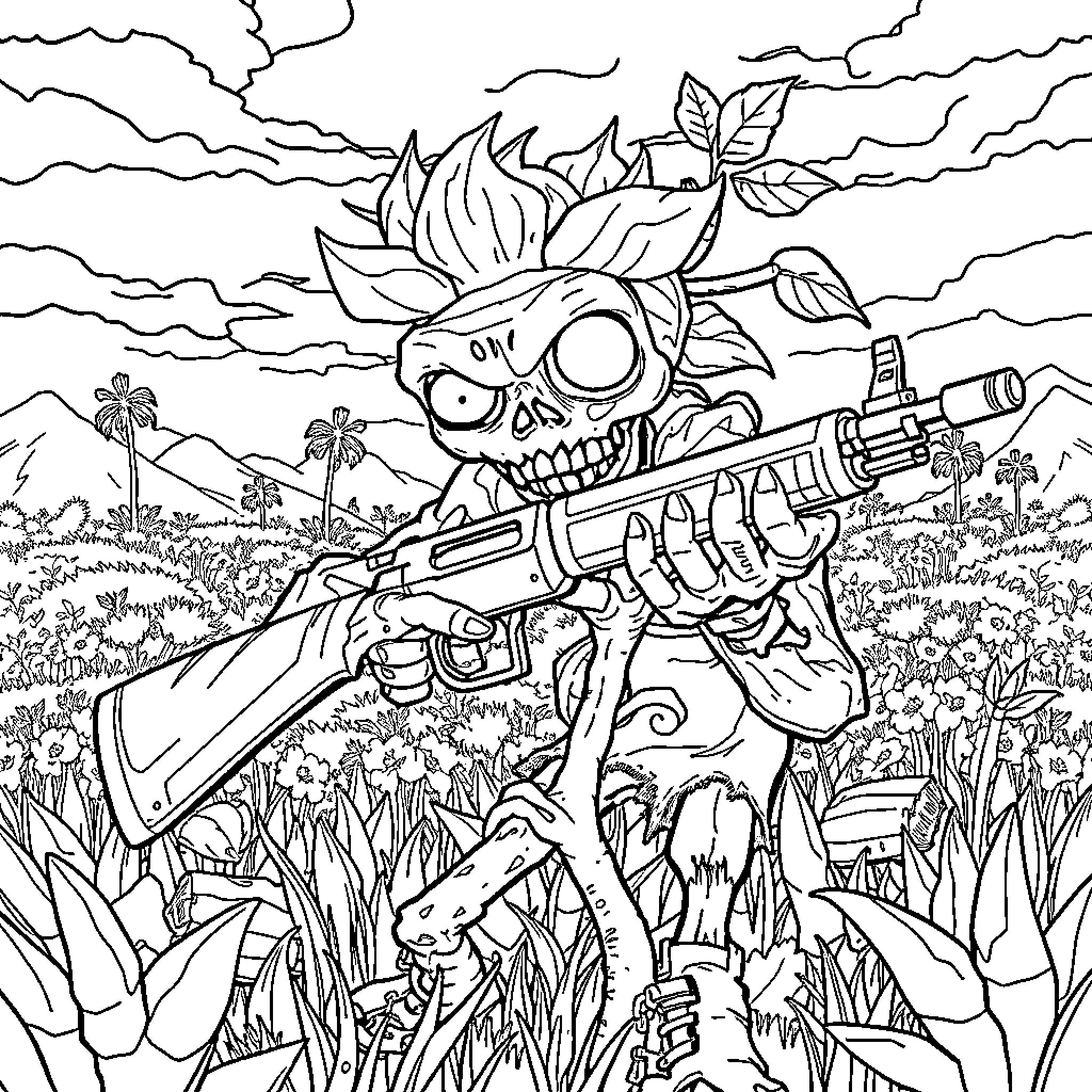 Zombie with Sunflower Rifle in Lush Landscape Coloring Page (free black-and-white line drawing printable PDF for all, from beginners to advanced learners, including children, teens, adults, and seniors)