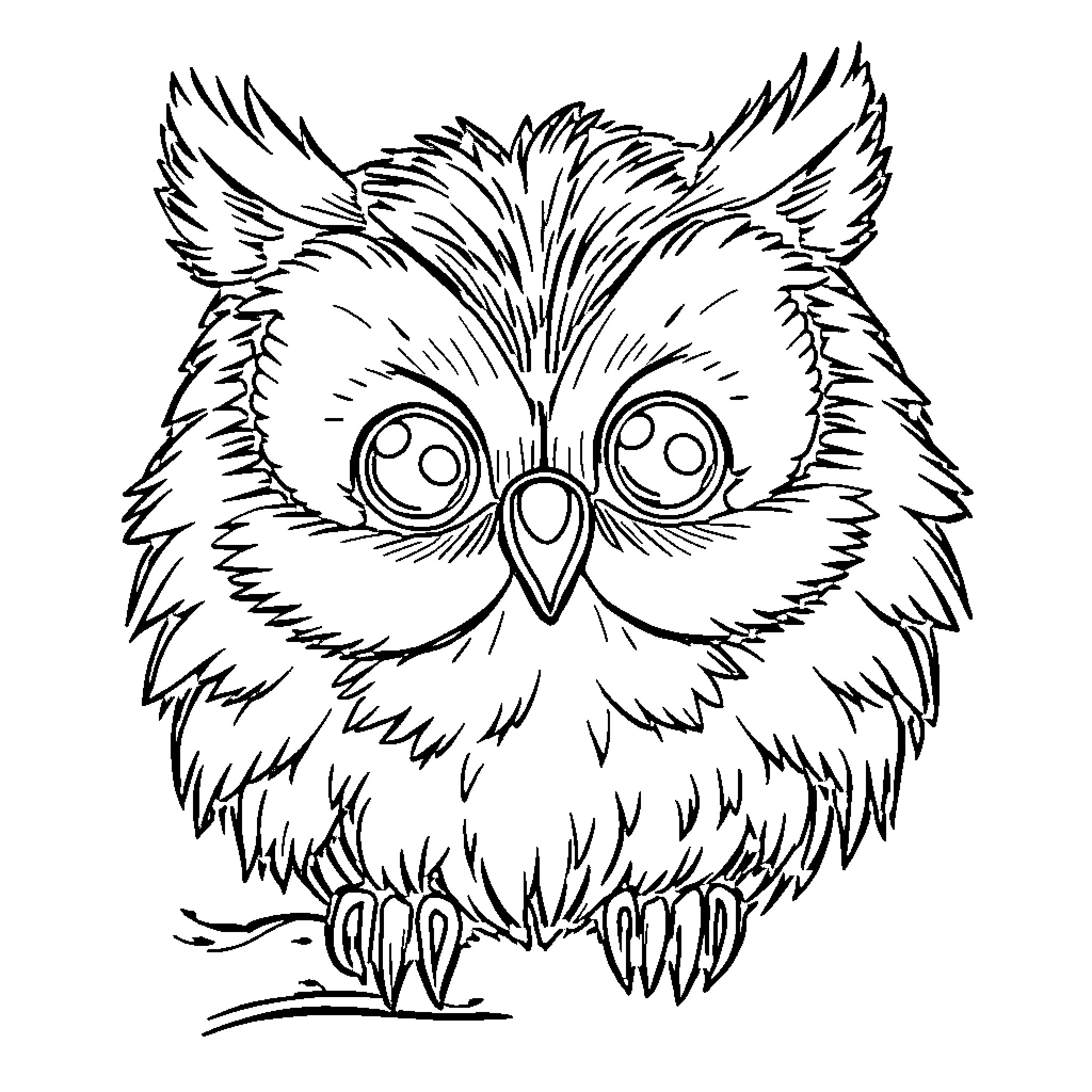 Teddy Bear Owl with Expressive Eyes and Fluffy Feathers Coloring Page (free black-and-white line drawing printable PDF for all, from beginners to advanced learners, including children, teens, adults, and seniors)