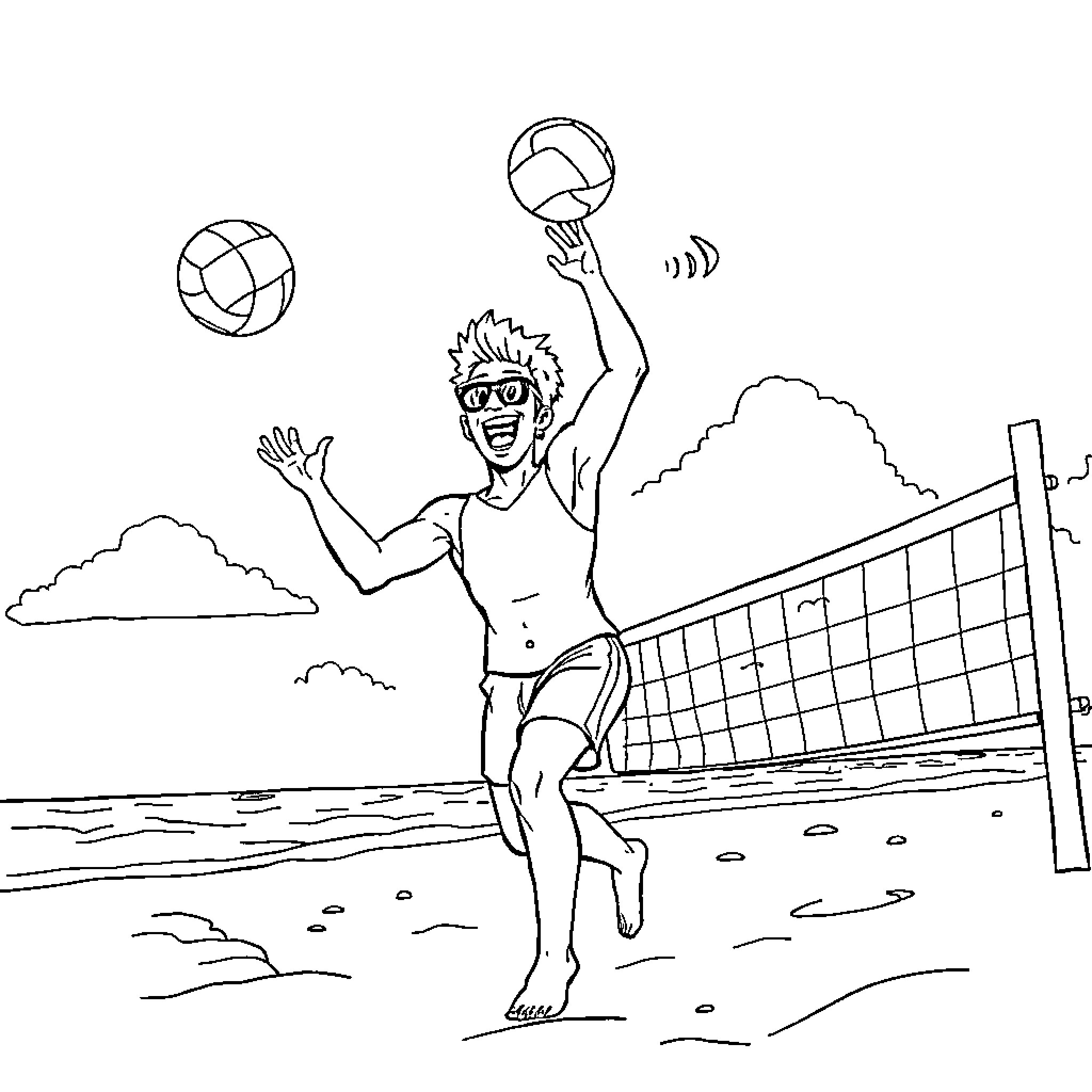 Vice Ganda playing volleyball on the beach Coloring Page (free black-and-white line drawing printable PDF for all, from beginners to advanced learners, including children, teens, adults, and seniors)